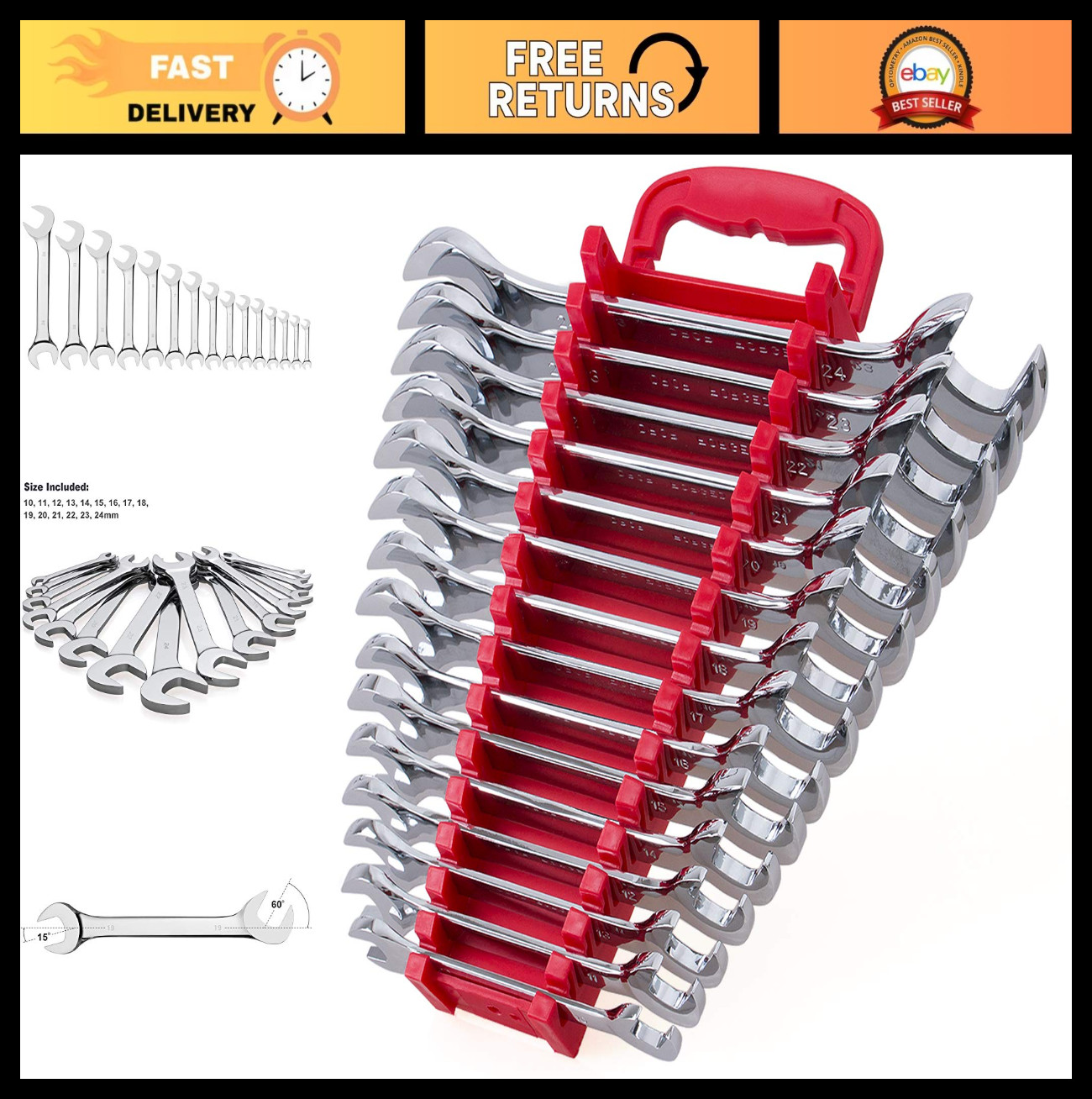 15-Piece Angle Head Wrench Set, Chrome Vanadium Steel, Metric Sizes 10-24mm, Sto