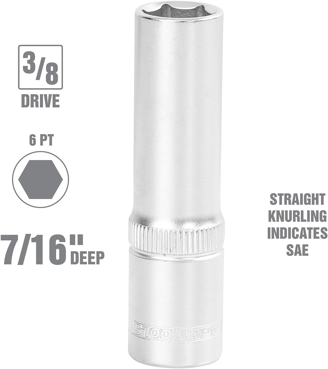7/16″ SAE Deep Socket, 3/8″ Drive, 22343, Thin Wall, Chrome Finish