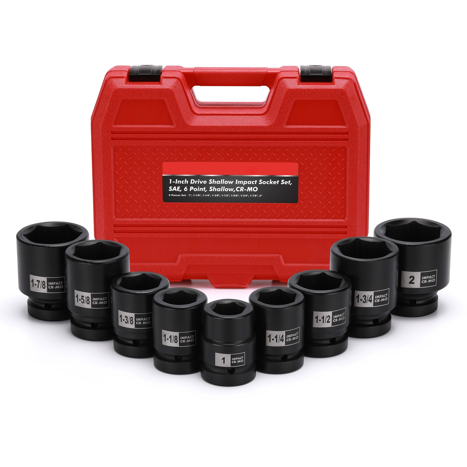 1” Drive Spindle Axle Nut Impact Socket Set 1″ to 2″, 9PCS 6-Point, SAE, CR-MO