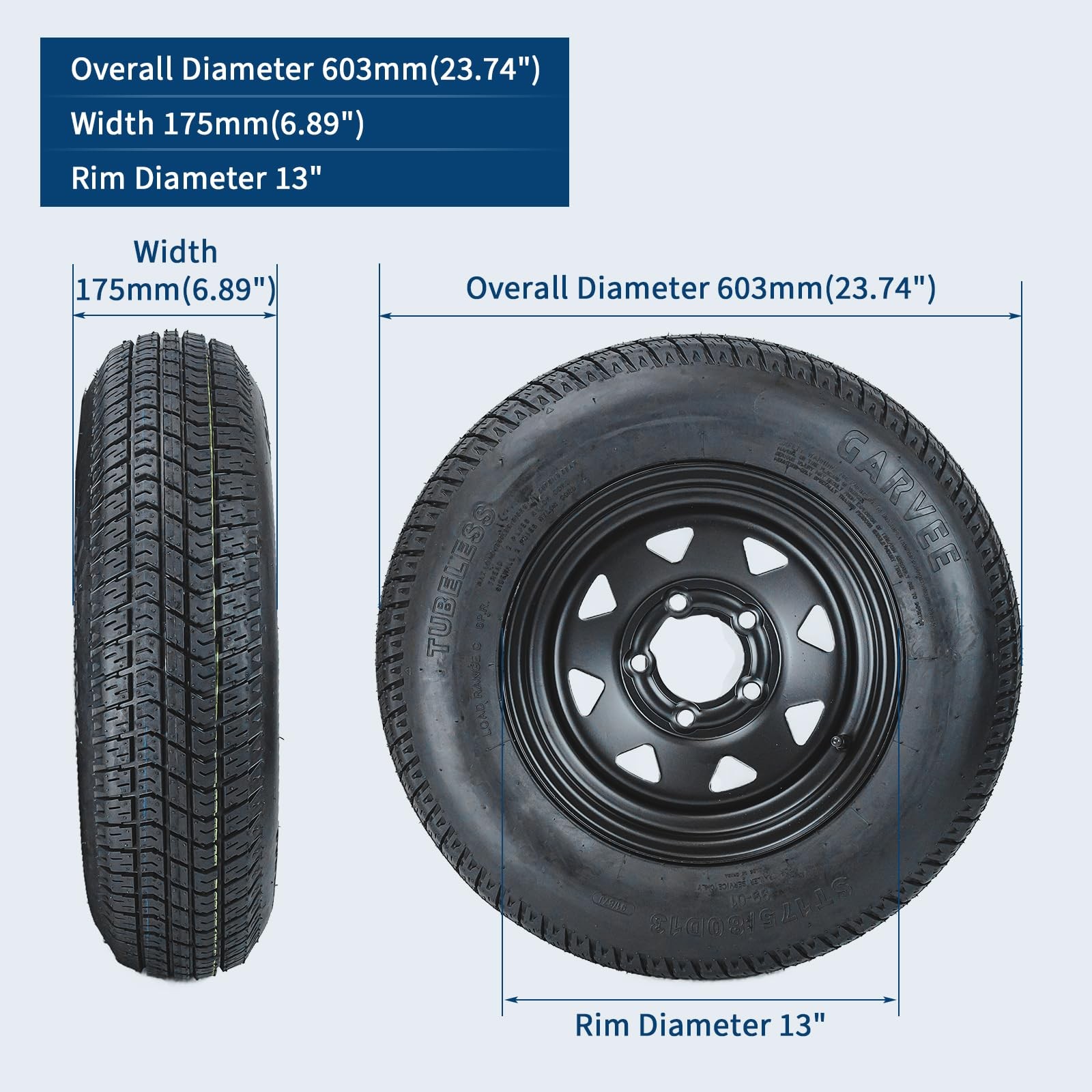 2-Pack Trailer Tire On 13″ Rim ST175/80D13 5 Lug on 4.5 in Load Range C 6PR