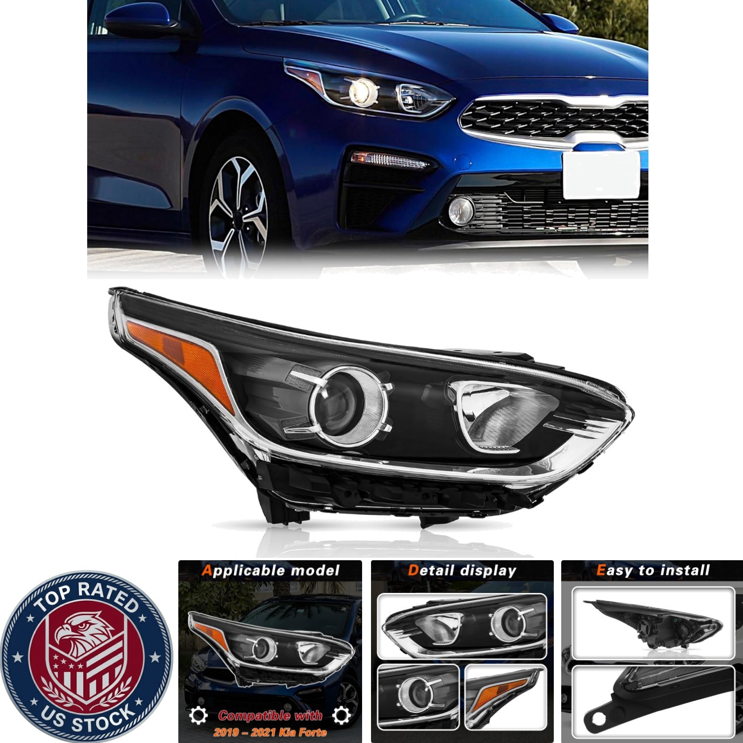 Easy-Install Halogen Headlight Assembly for 2019-2021 Kia Forte, Front Right