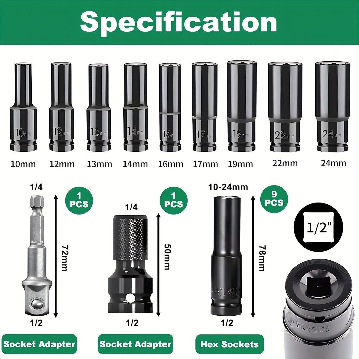 20pcs Metric Deep Impact Socket 1/2″ Drive 8mm-32mm 6 Point Sockets kit w/ case