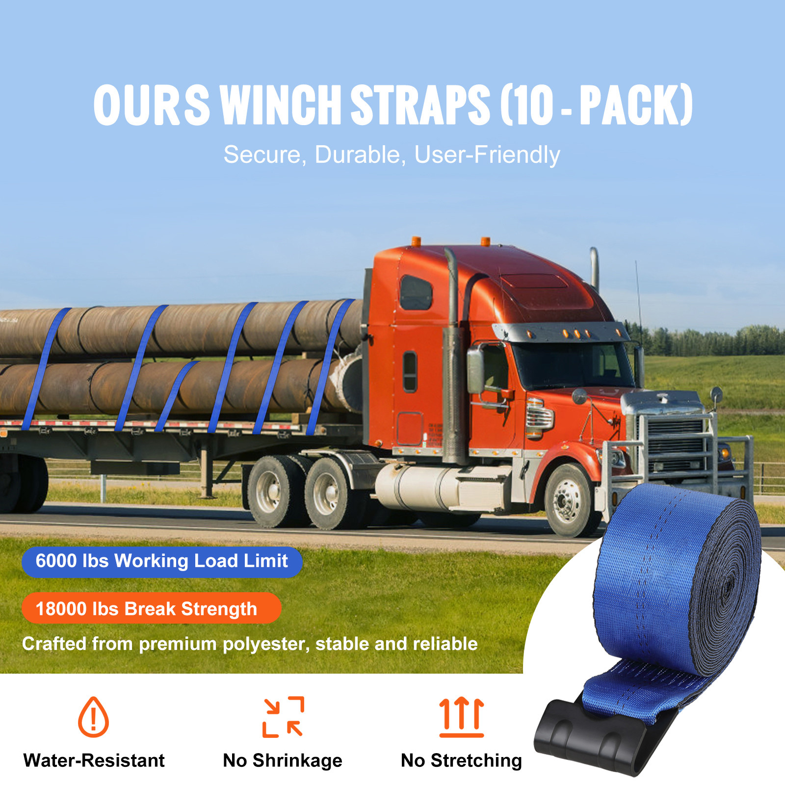 10 Pack Truck Straps 4″ x 30′ Winch Straps w/Flat Hook for Towing Blue 18000 lbs