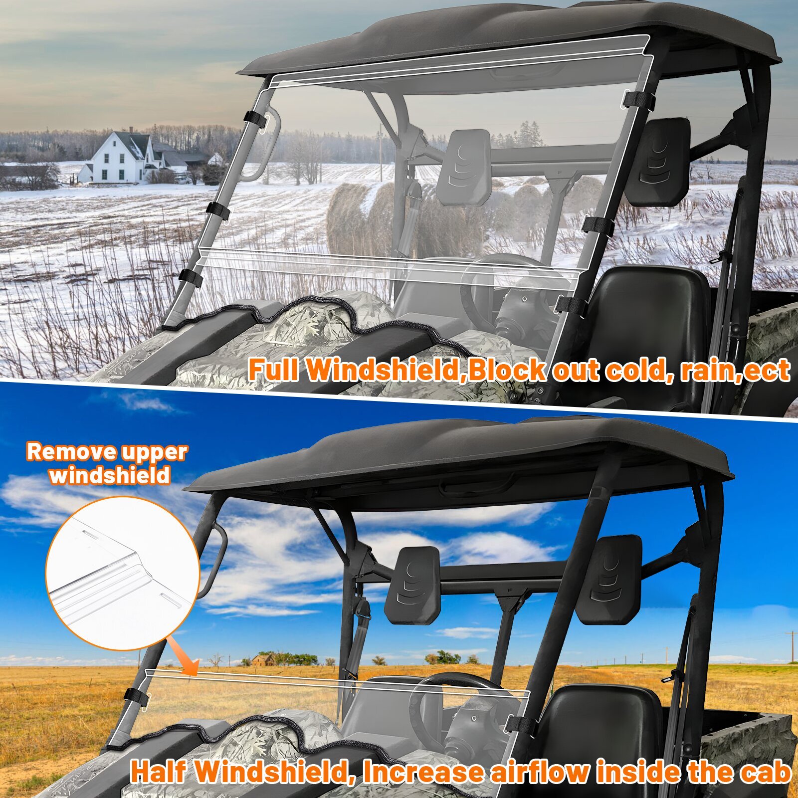 2-In-1 Flip Up Windshield Full Window for Cub Cadet Challenger 500/700 2015-2019