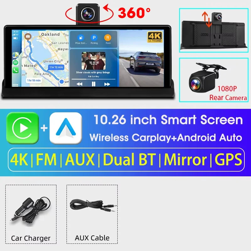 7″/10.26″ 4K ADAS Dash Cam Wireless Carplay Android Auto Car DVR GPS Navigation