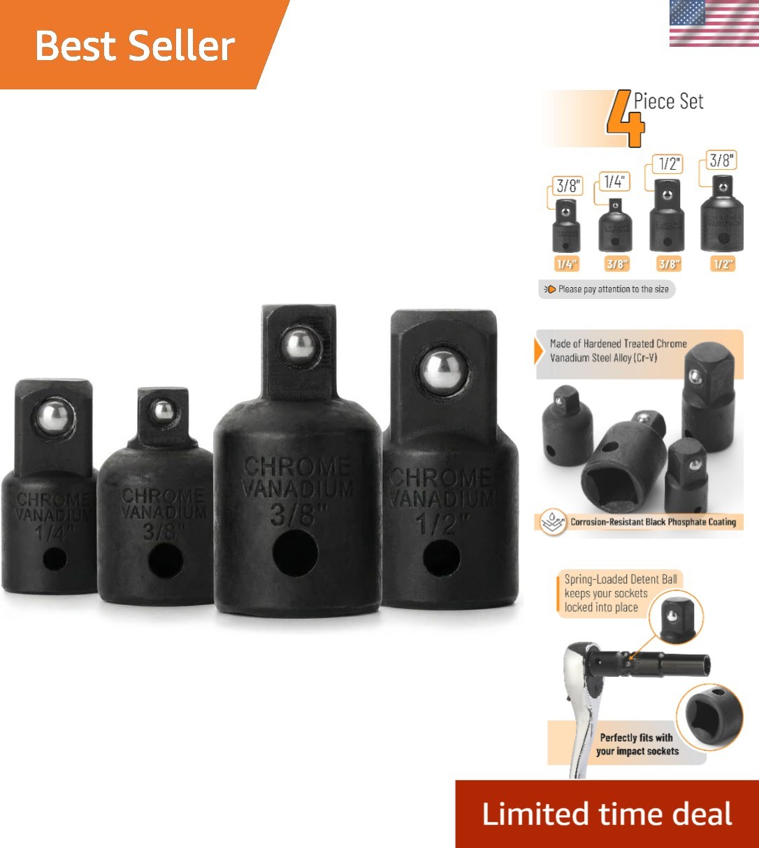 Bates 4-Piece Impact Socket Adapter & Reducer Set – Chrome Vanadium Steel