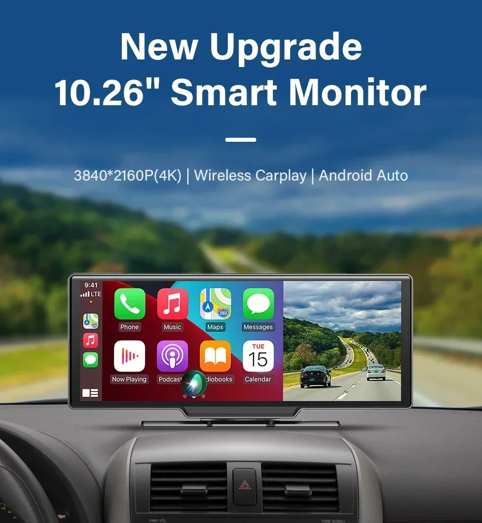 10.26 inch Dash Cam 4K Car DVR Wireless Carplay Android Auto GPS Navigation