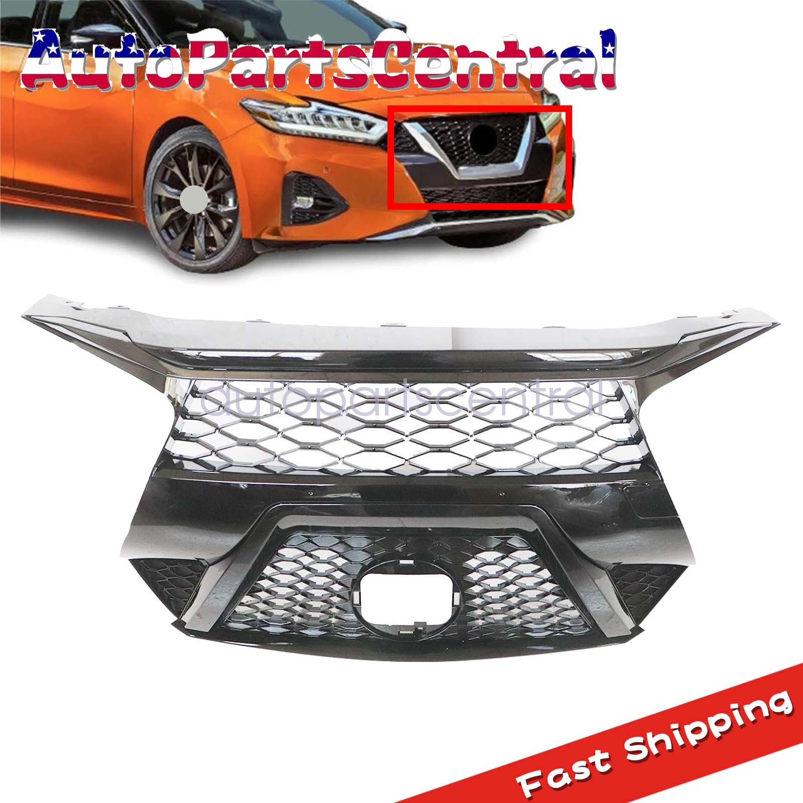 Front Upper Grille Without Camera Hole Fit 2019-2021 Nissan Maxima Gloss Black