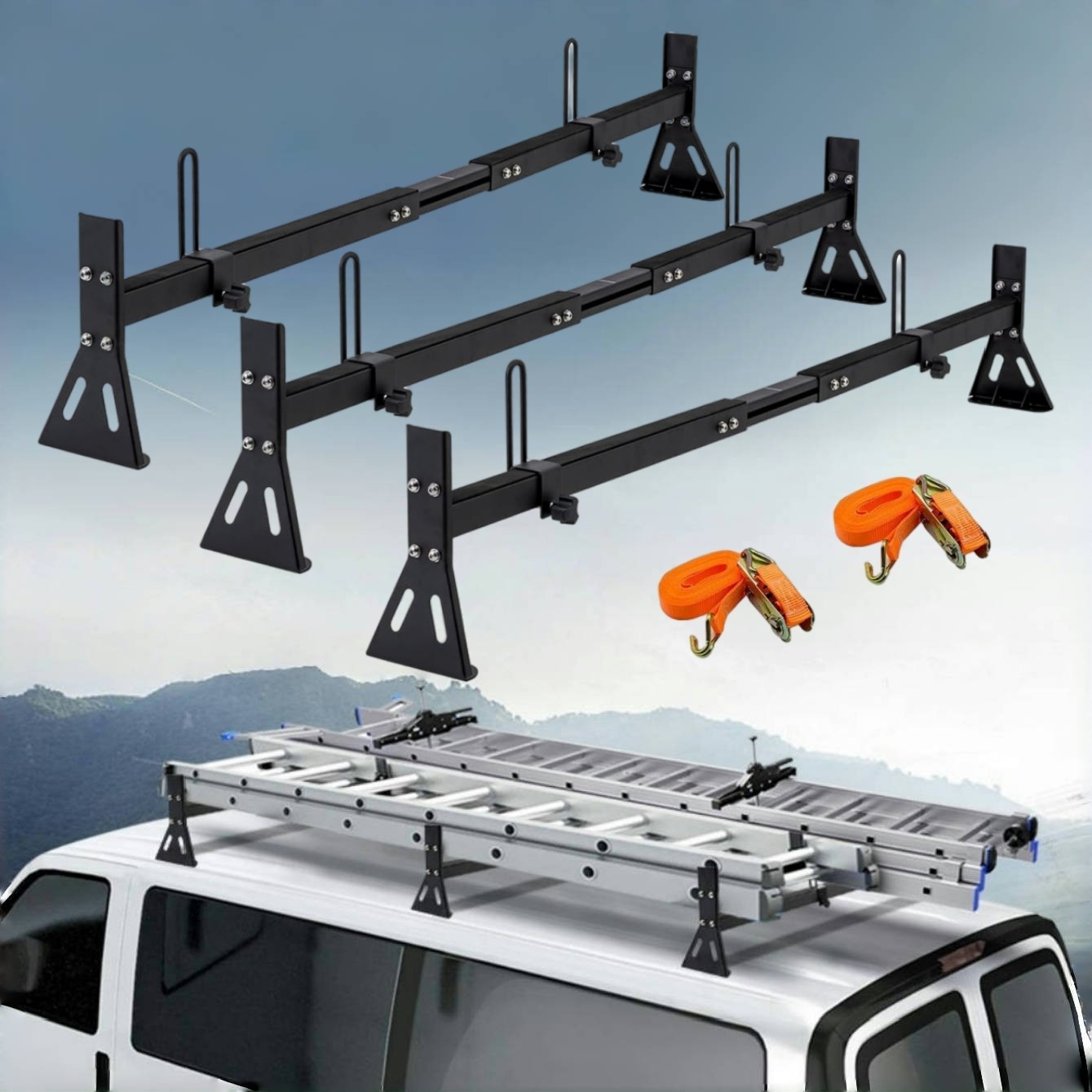 Cargo Van Roof Ladder Rack 3 bar for 2015-2024 Ford Transit 150 250 350, 800LBS