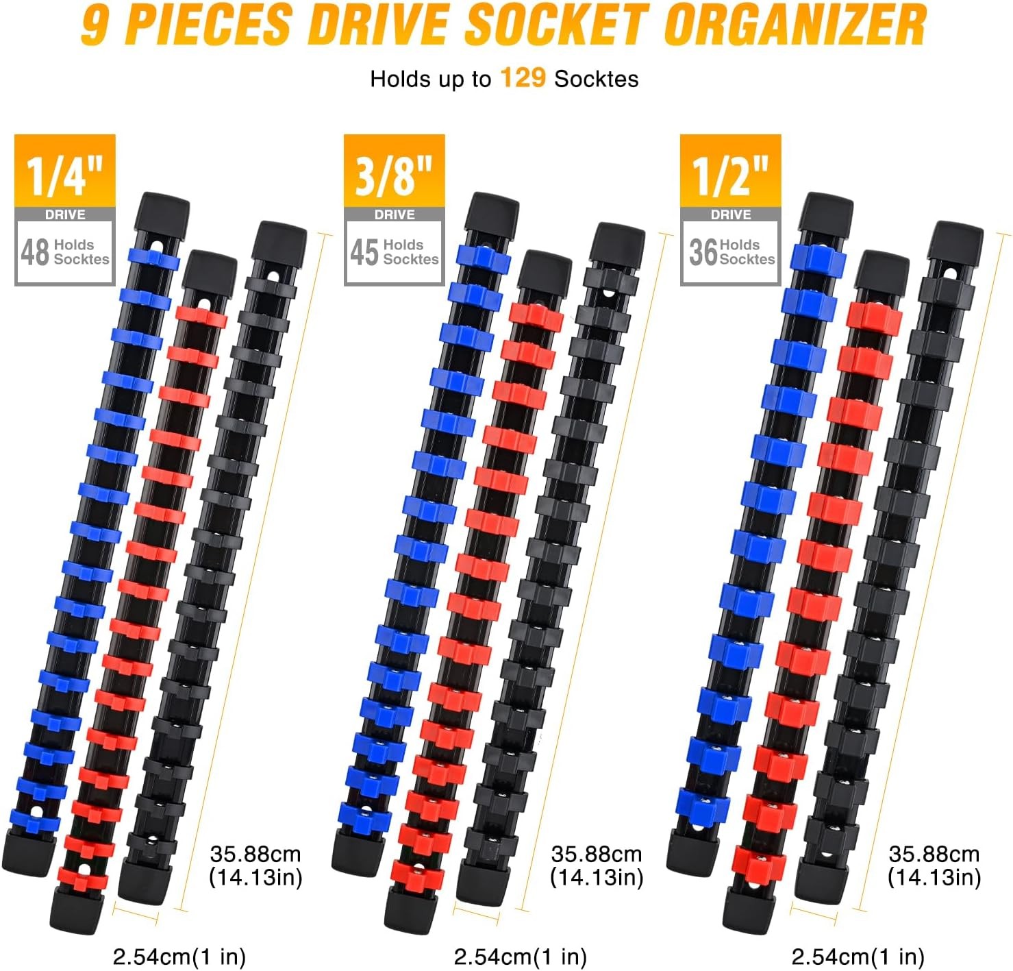 Socket Organizer ABS Socket Holder Set 1/4″ 3/8″ 1/2″ Drive Socket Rail Holders