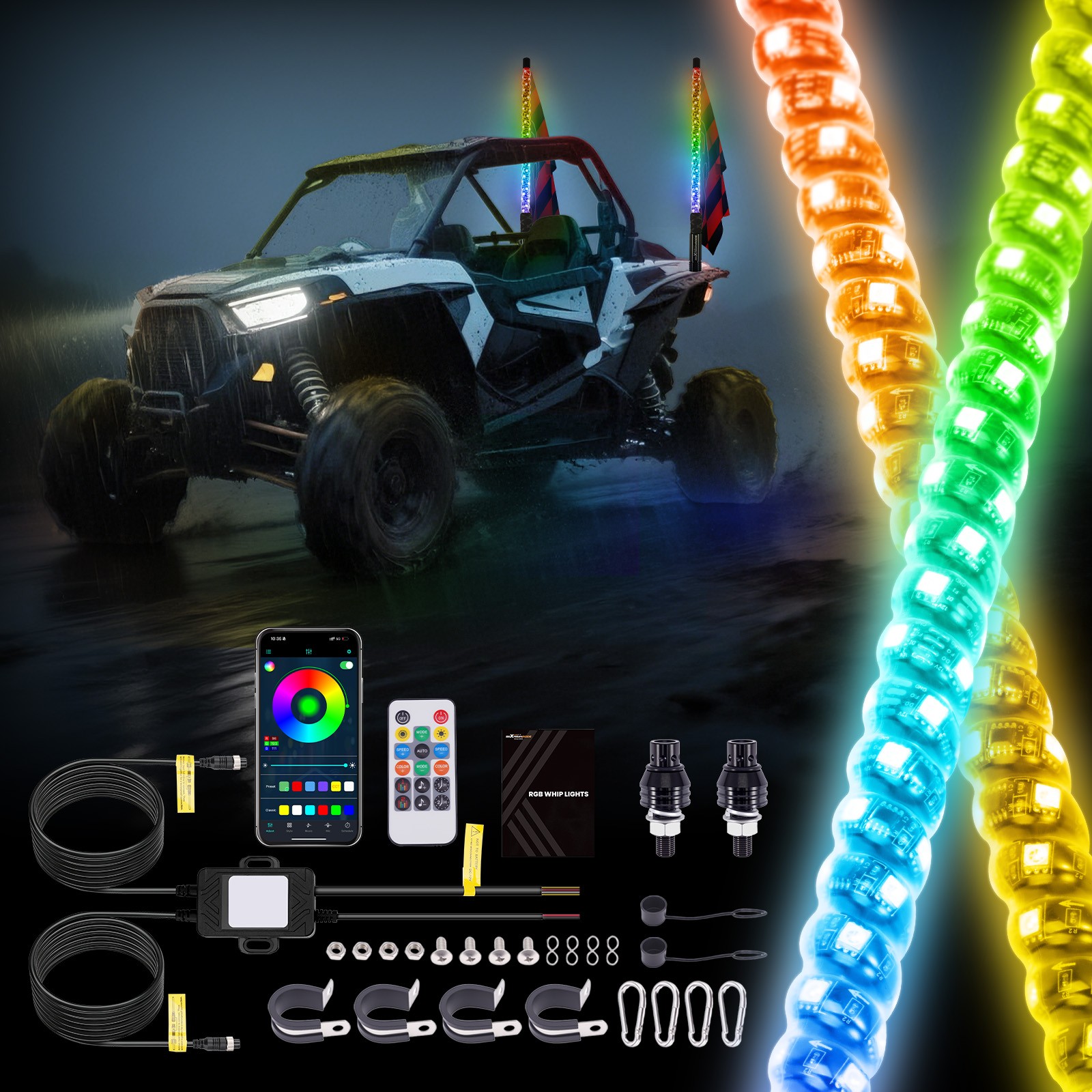 2PCS 2FT Fat Whip Lights W/ Falg APP & Remote Control for UTV ATV RZR SXS 4WD