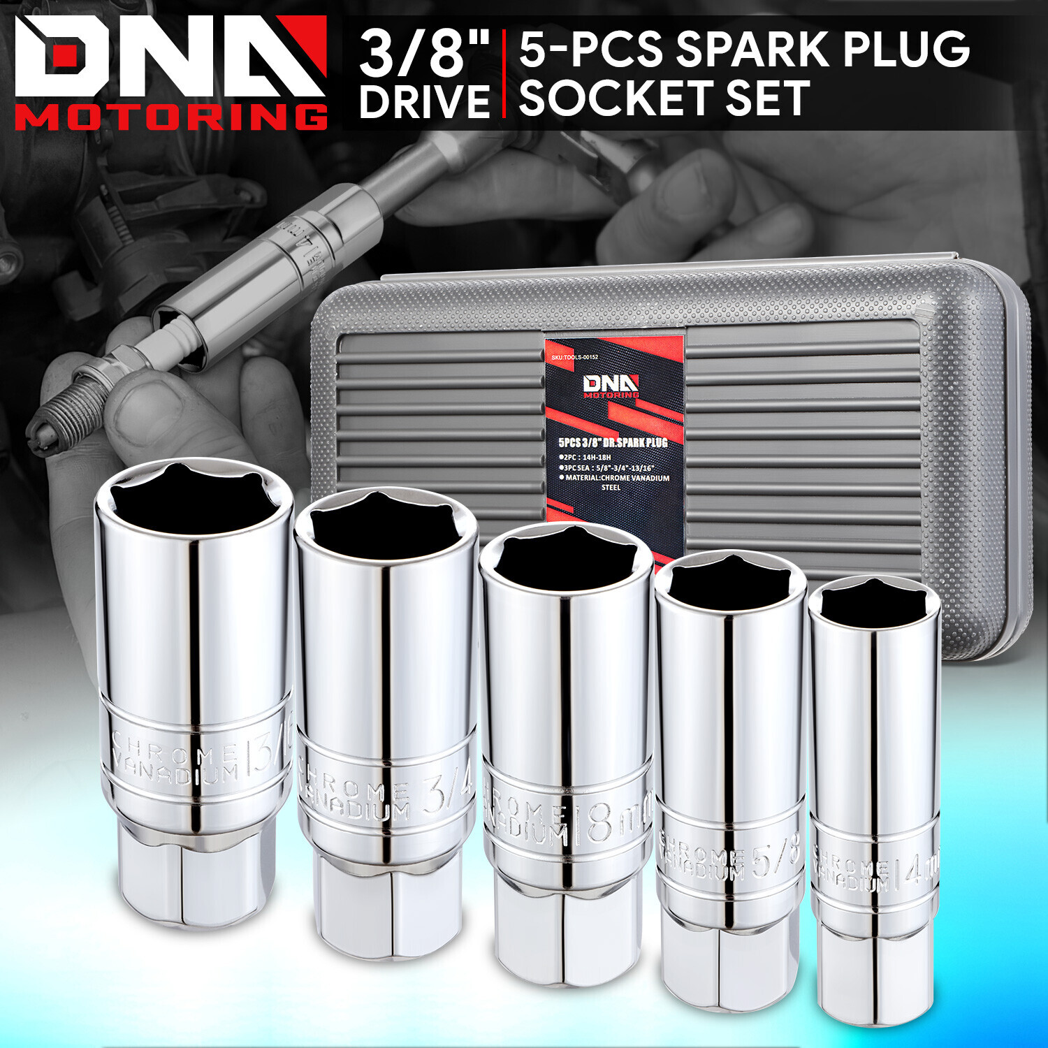 5 Pcs Chrome-Vanadium Steel 3/8 inches Spark Plug Impact Socket Set+Storage Case