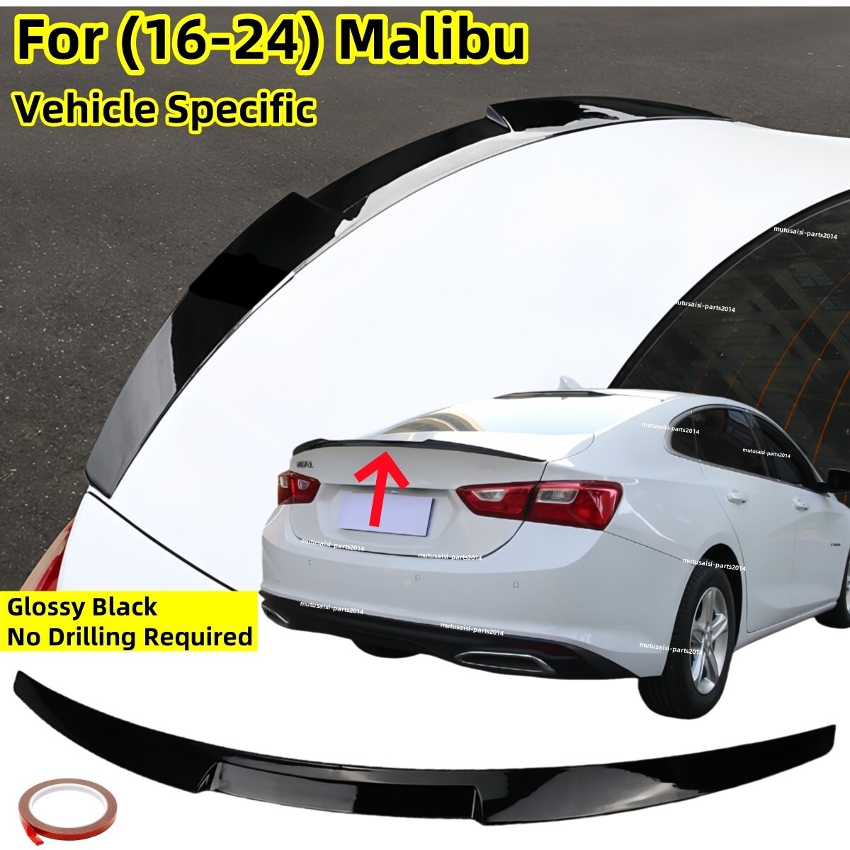 For 2016-24 Chevrolet Chevy Malibu High Kick Rear Trunk Spoiler Wing Gloss Black