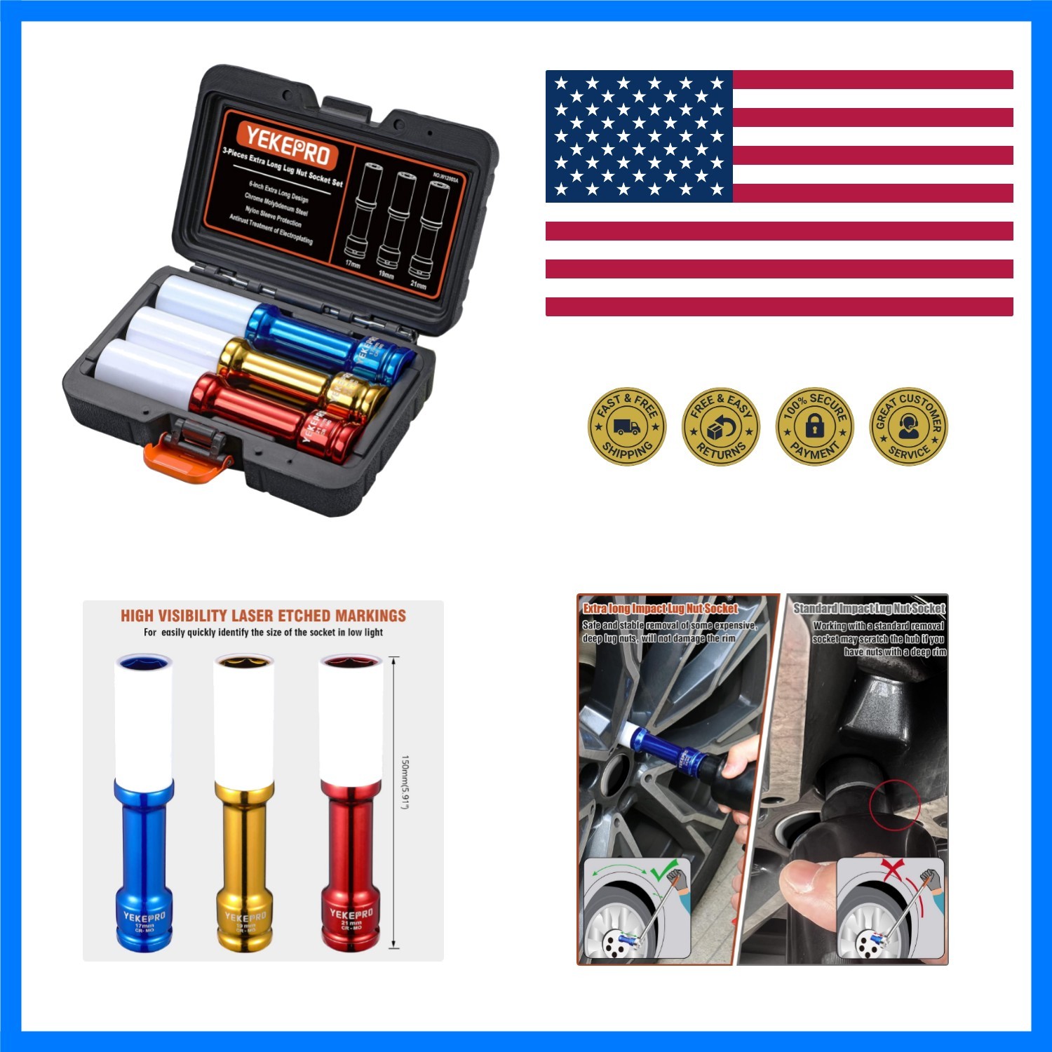 1/2″ Drive Lug Nut Socket Set 17 19 21mm Thin Wall Impact | Non-Marring Prote…