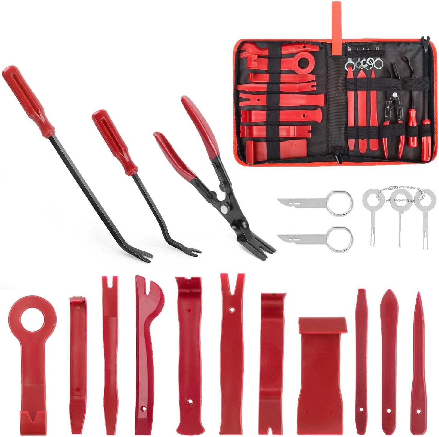 19Pcs Trim Removal Tool Set Storage Bag, Fastener Clip Removers, Car PColor: Red