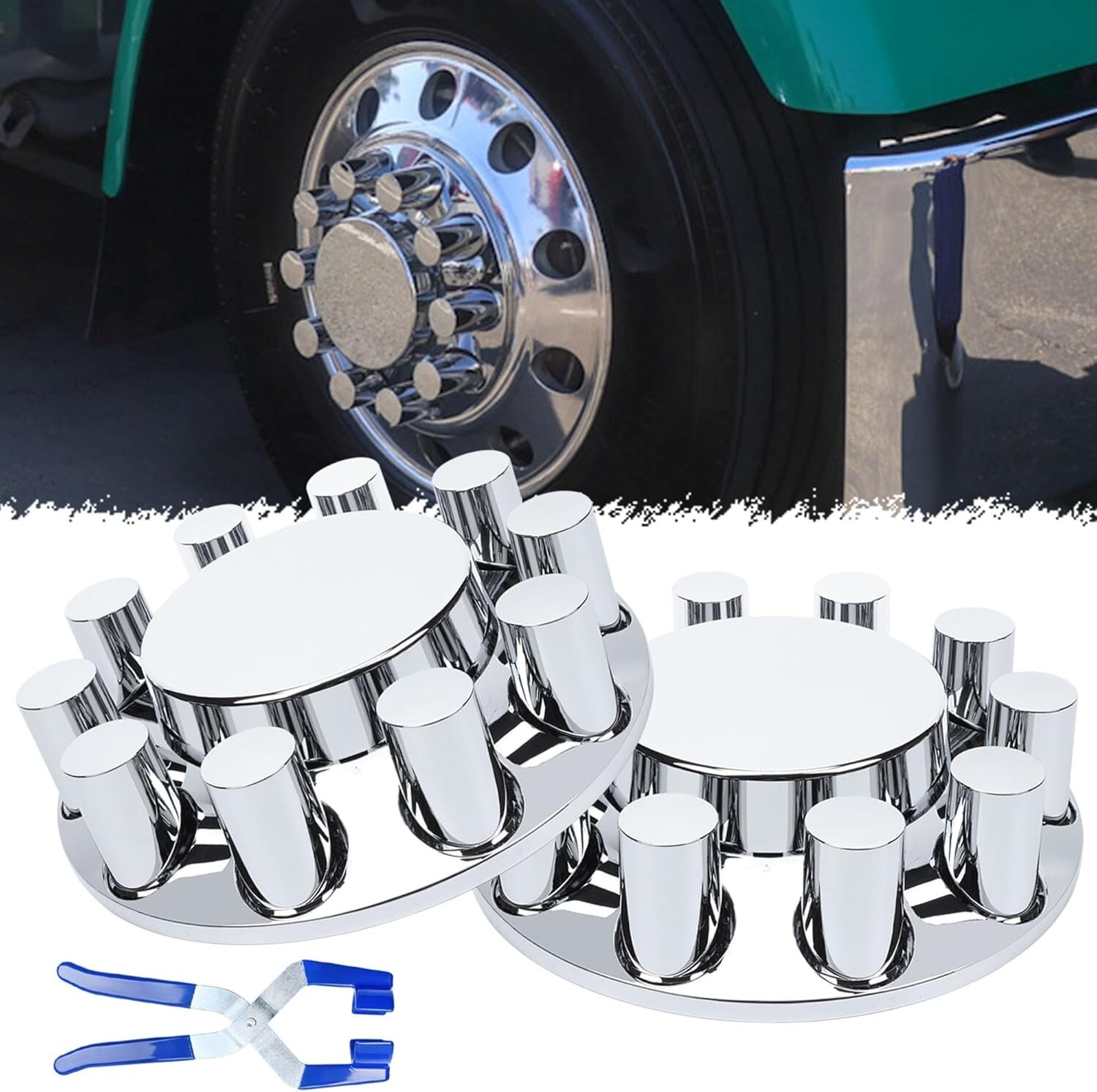 Chrome Front Hub Wheel Axle Cover w/ 33mm Thread-on Cylinder Lug Nuts Semi Truck