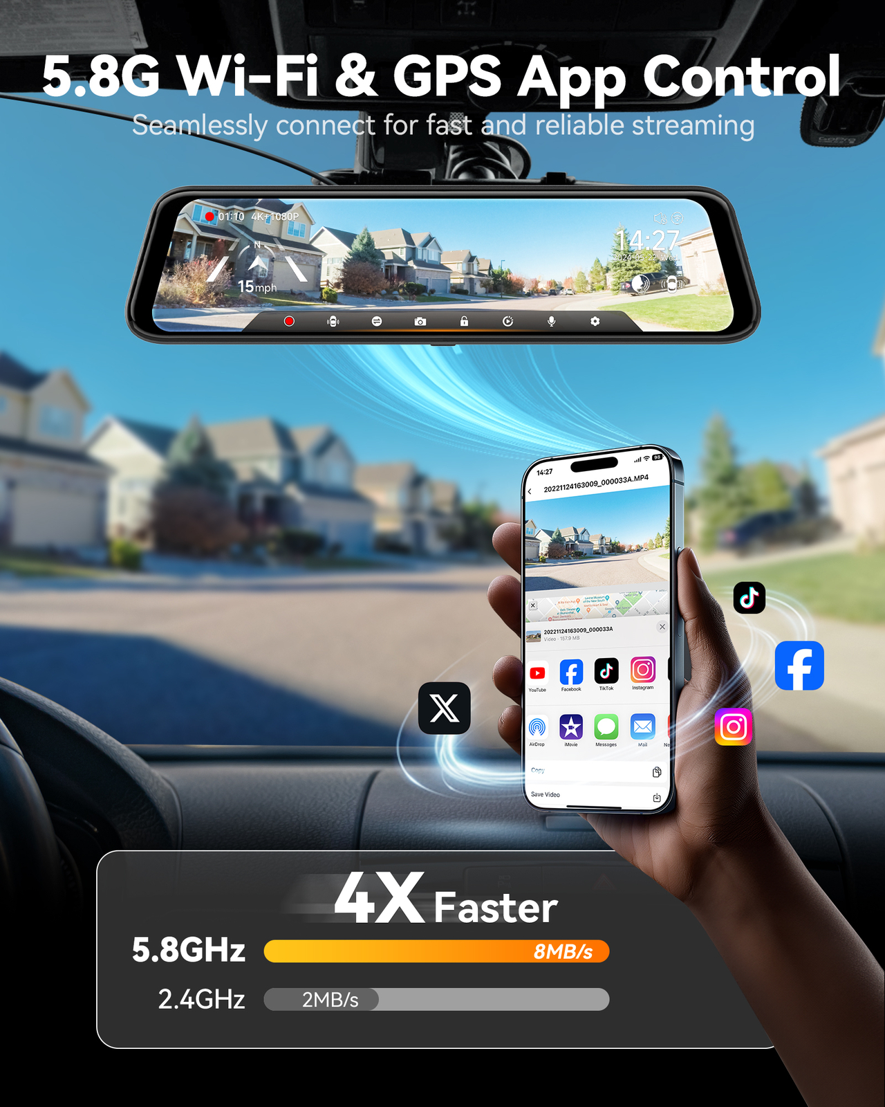 WOLFBOX G850 PRO Rear View Mirror Dash Cam GPS WiFi, Voice Control, ADAS & BSD