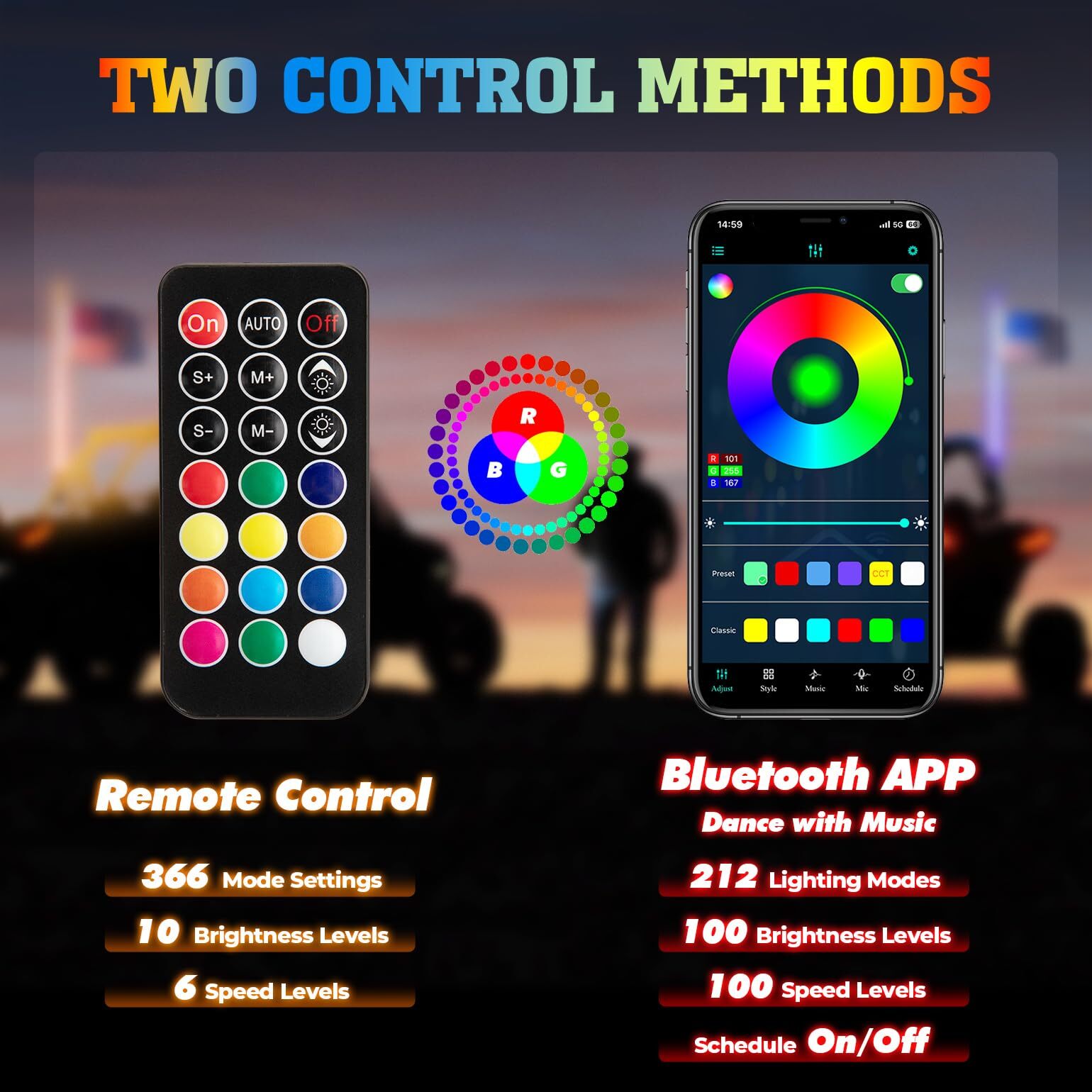 Pair 2FT Spiral LED Whip Lights APP Control RGB Antenna Flag Remote for Polaris
