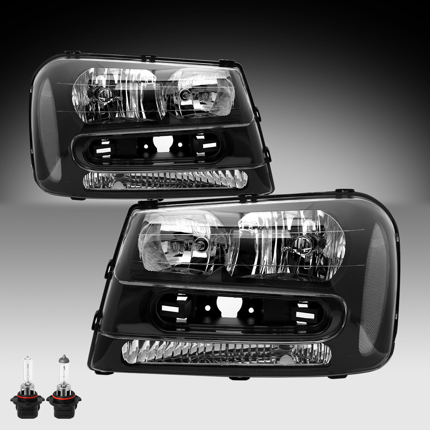 For 2002-2009 Chevy Trailblazer Black Housing Halogen Headlights Headlamps Pairs