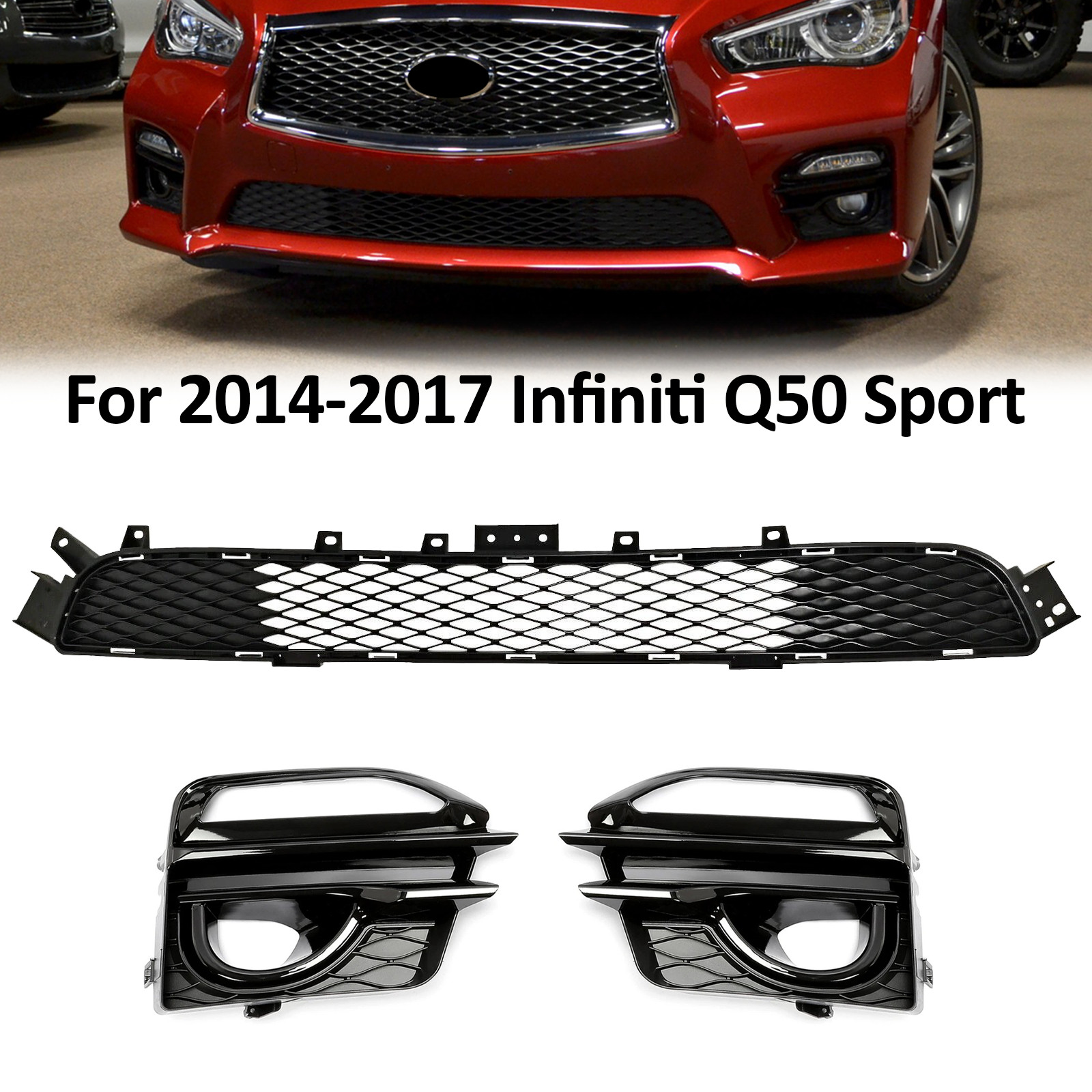 Front Bumper Lower Grille Fog Light Cover Set For 2014-2017 Infiniti Q50 Sport