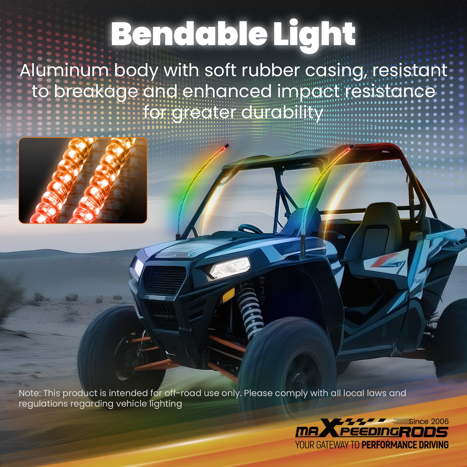 2PCS 2FT Fat Whip Lights W/ Falg APP & Remote Control for UTV ATV RZR SXS 4WD