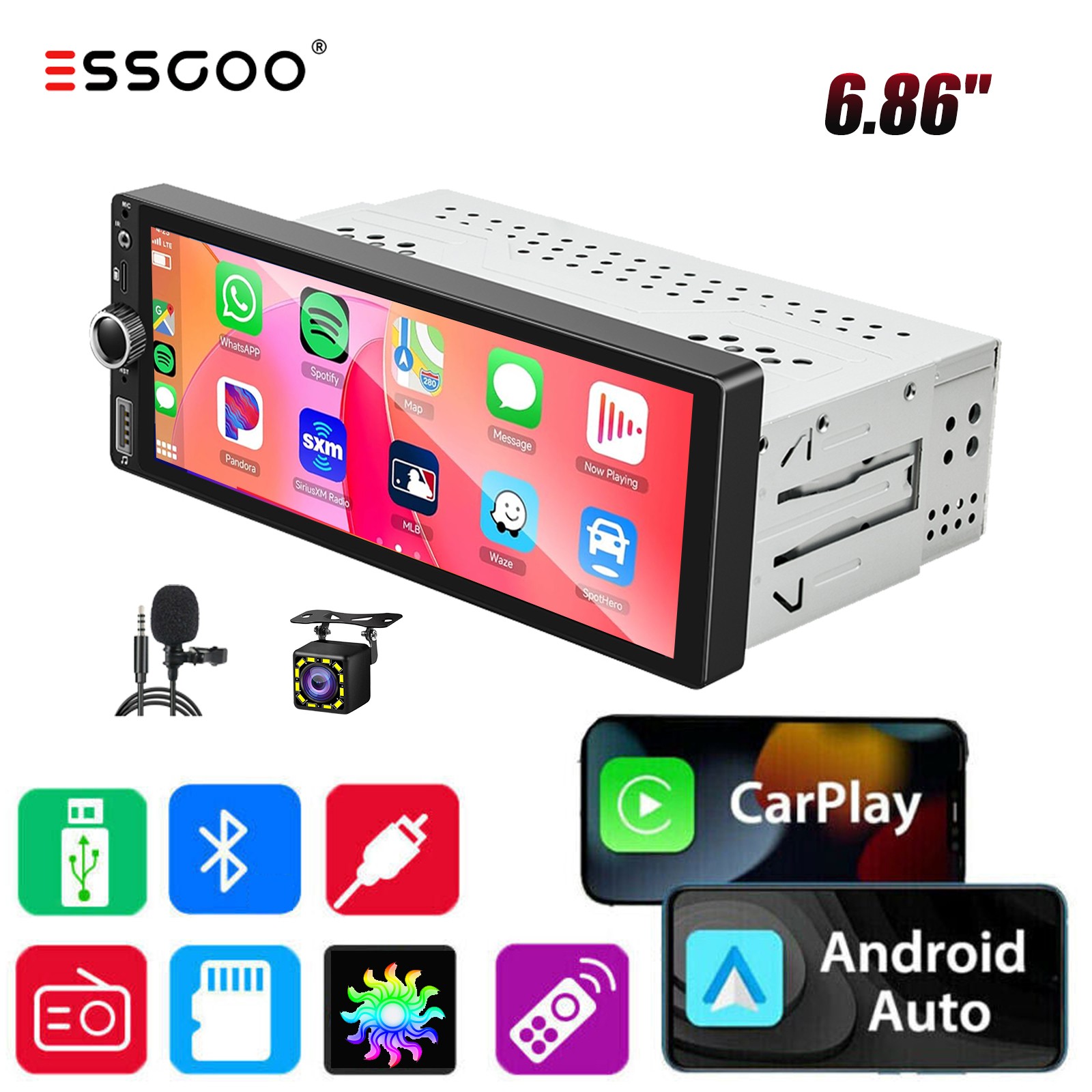 6.86″ 1 DIN Car MP5 Player Touch Screen Car Radio Stereo USB Carplay SWC+MIC&CAM