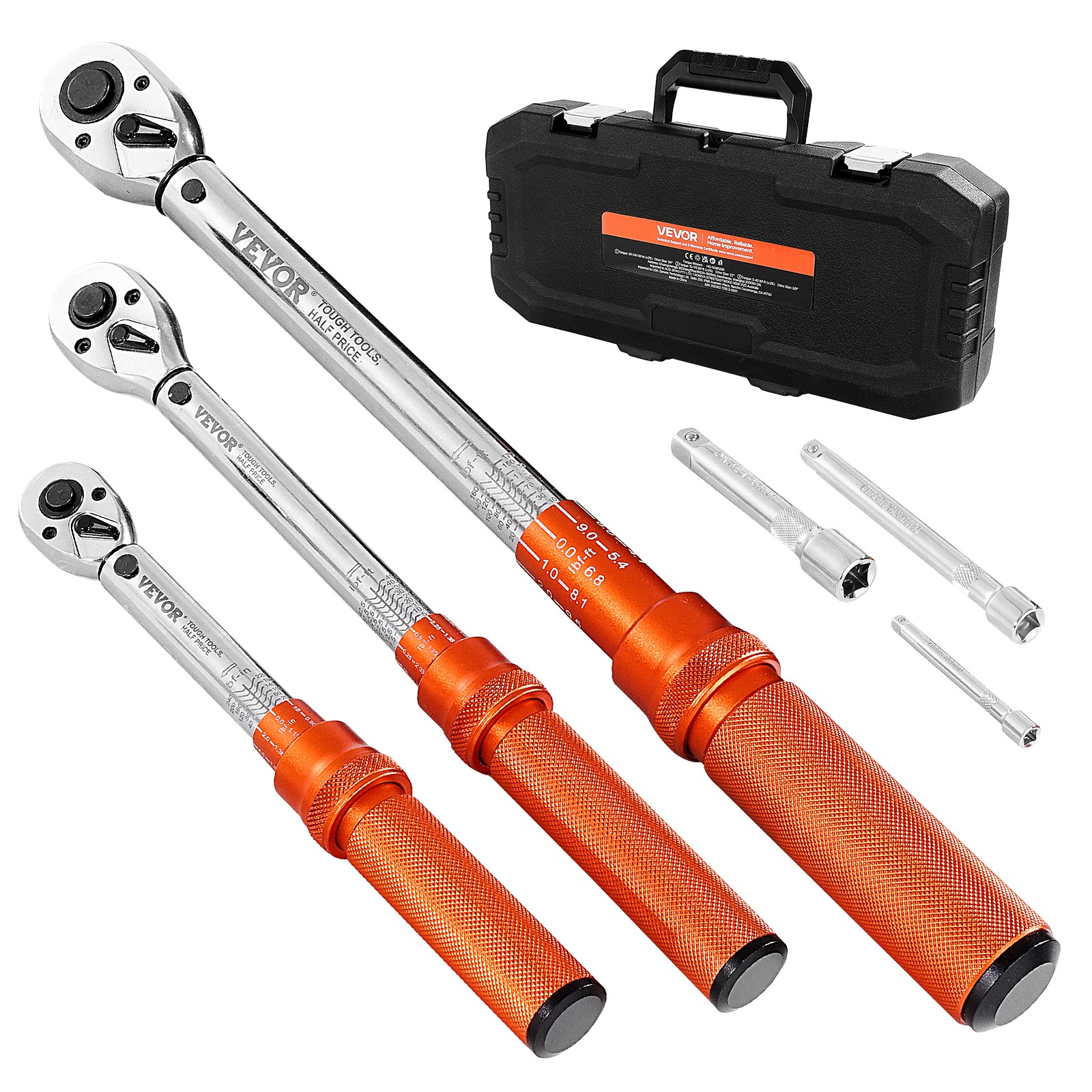 VEVOR Click Torque Wrench Set 3 Pcs 1/4 3/8 1/2 Inch Dual-direction 72-Tooth