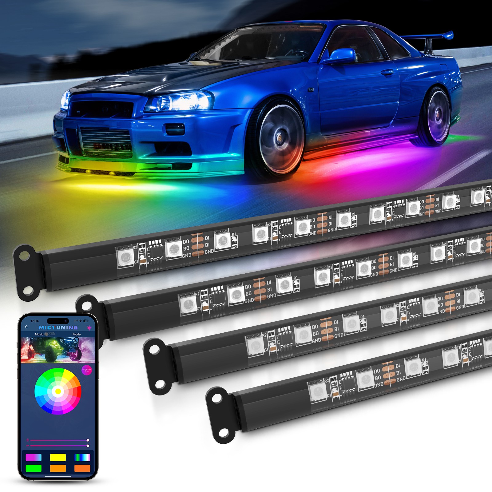 MICTUNING RGB+IC Underglow LED Neon Kit Dream Color Light Strips For Cars/Trucks