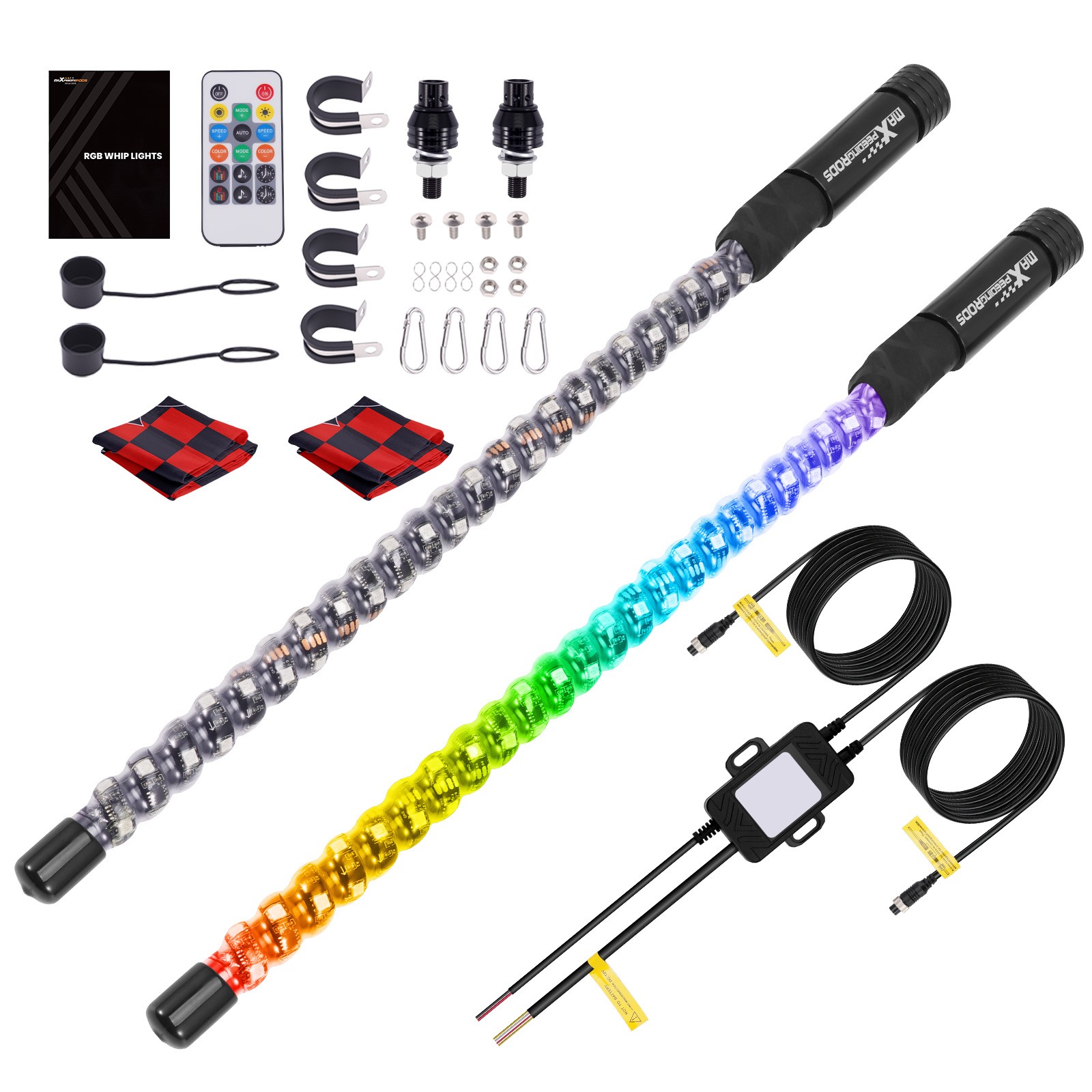2PCS 2FT Fat Whip Lights W/ Falg APP & Remote Control for UTV ATV RZR SXS 4WD