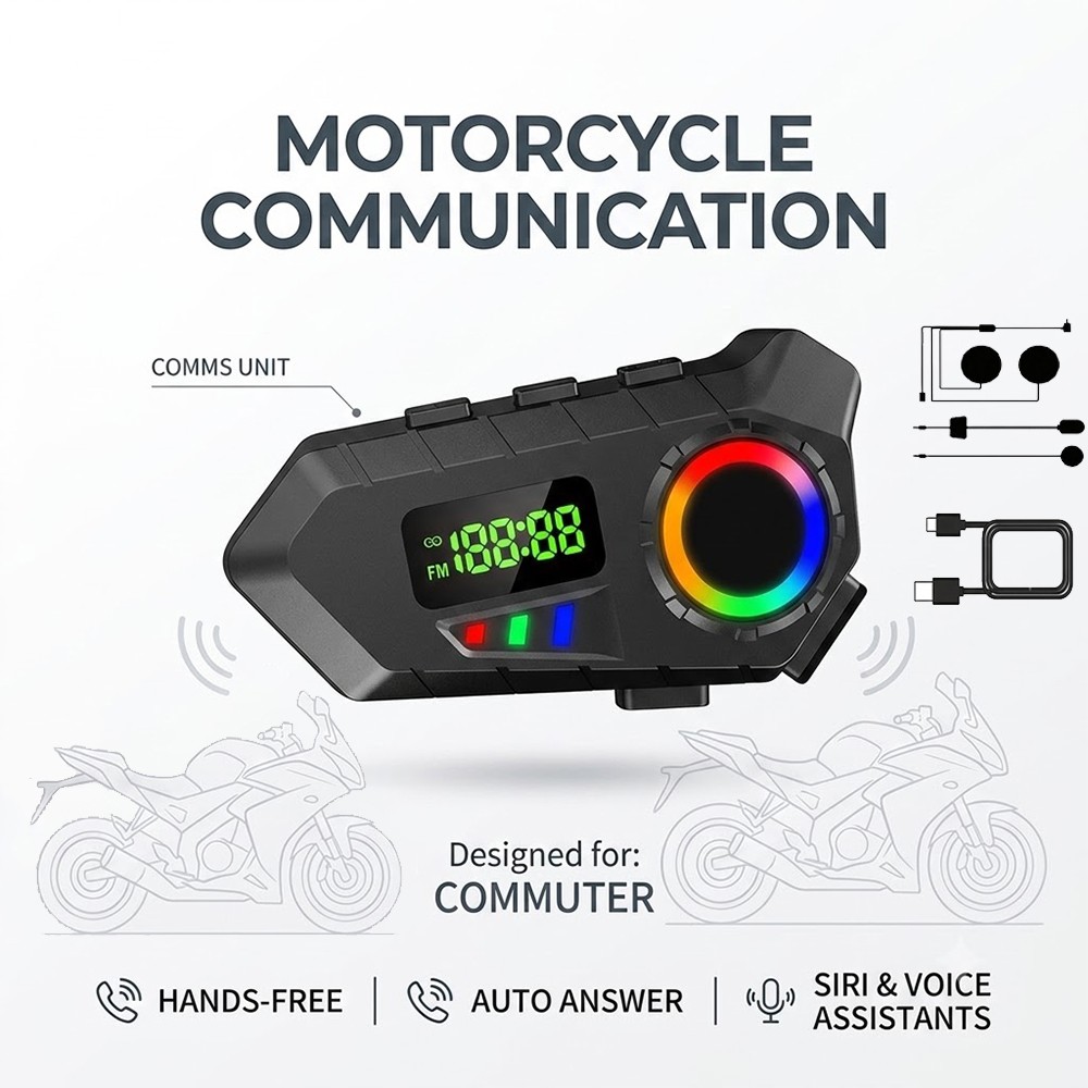 Motorcycle Bluetooth 6.0 Communication Headset Auto Answer Siri FM LCD Display