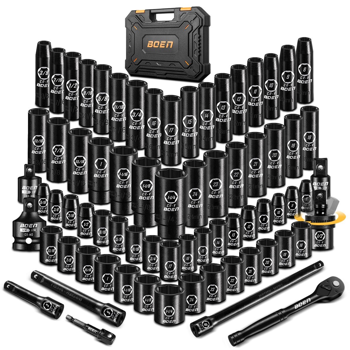 72 Pcs 1/2″ Drive Impact Socket Set,Standard SAE (5/16″-1-1/4″) & Metric(8-24mm)