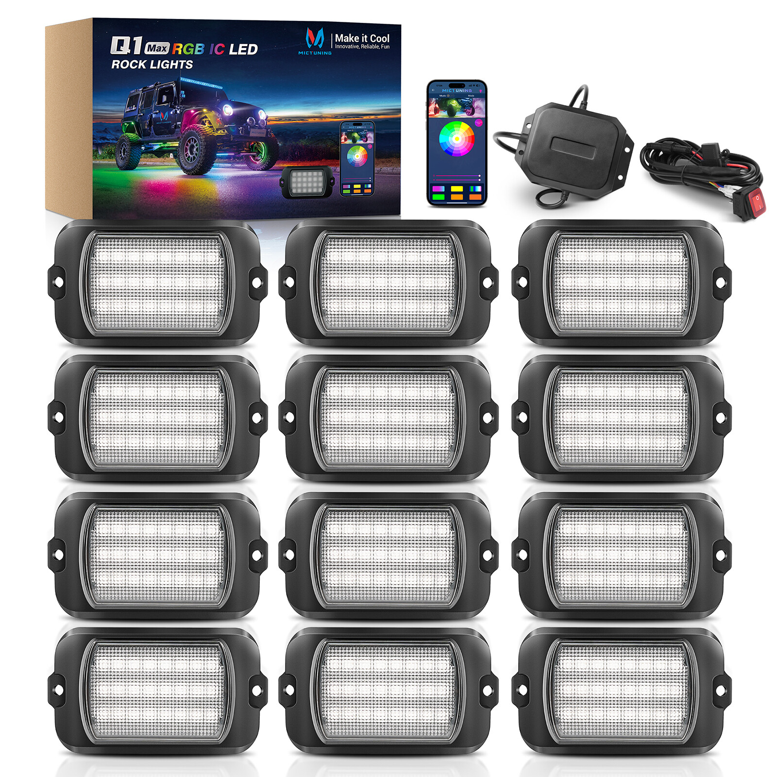 12 Pods RGB+IC LED Rock Lights Chasing Dream Color Underbody Underglow Light Kit