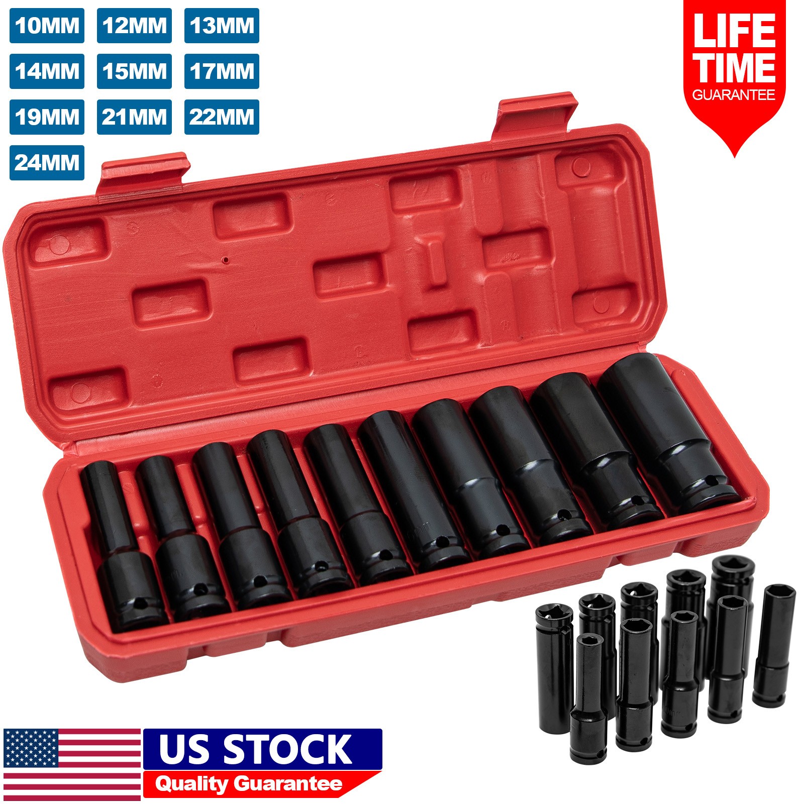 10pcs Metric Deep Impact Socket 1/2″ Drive 10mm-24mm 6 Point Sockets w/ Case Set