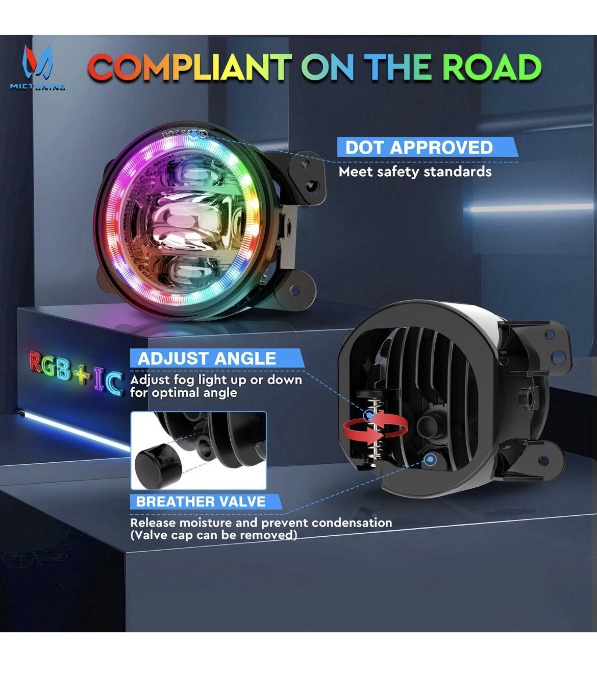 MICTUNING J1 RGB+IC 7-inch LED Headlights w/Fog Light Assembly for Jeep Wrangler