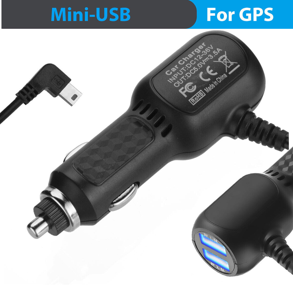 Mini USB Car Charger Power Cord for Dash Cam Recorder Vehicle DVR GPS&2 USB NEW