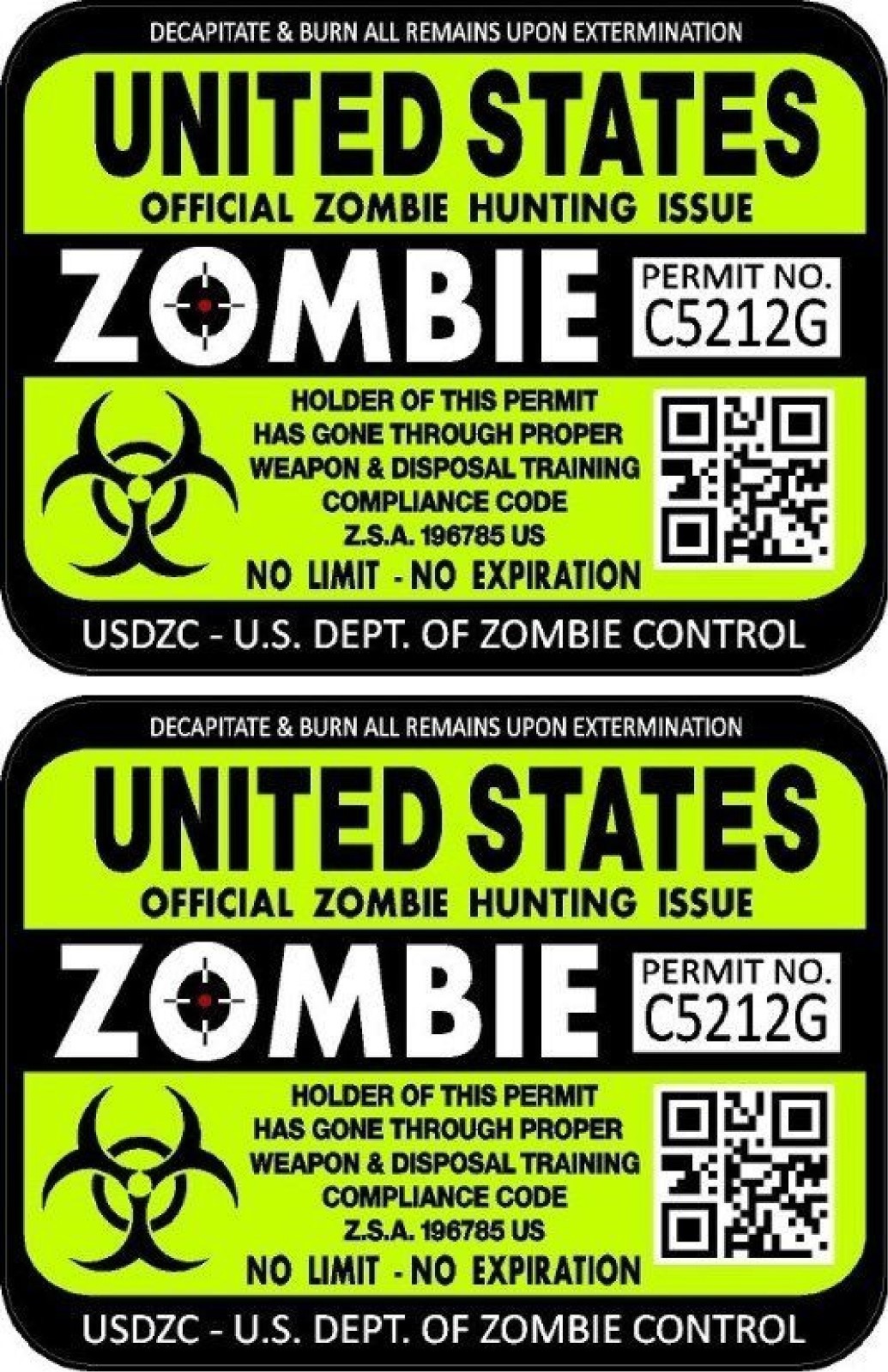 ProSticker 1200 (Two) 3″x4″ United States Zombie Hunting License Decals Sticker