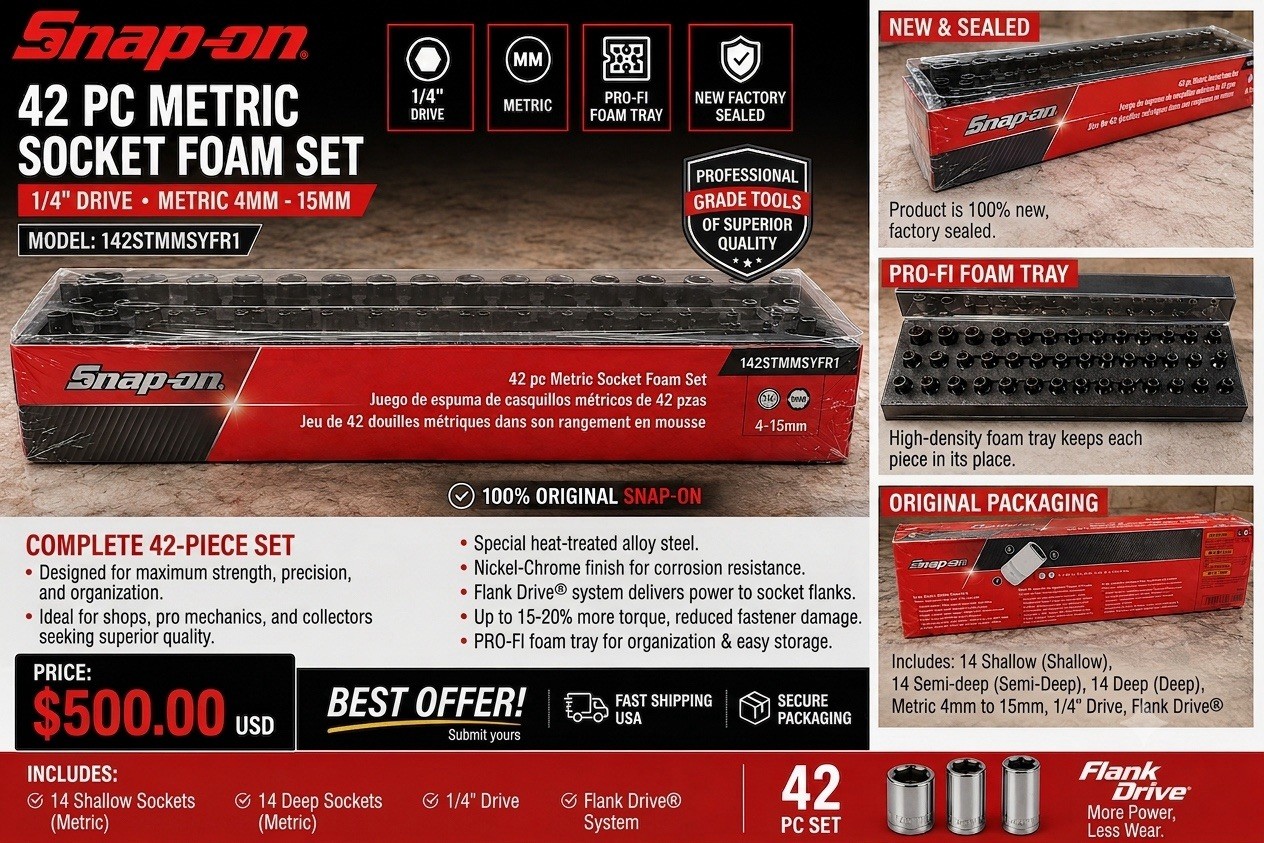 Snap-on 42 Pc 1/4″ Drive Metric Socket Set Foam Tray NEW 142STMMSYFR1 4-15mm