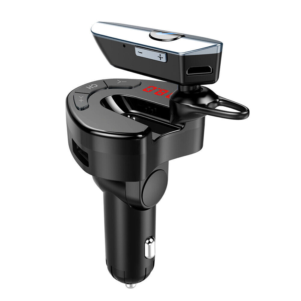 Bluetooth Headset Trucker Earpiece Headphones FM Transmitter Radio Car Charger