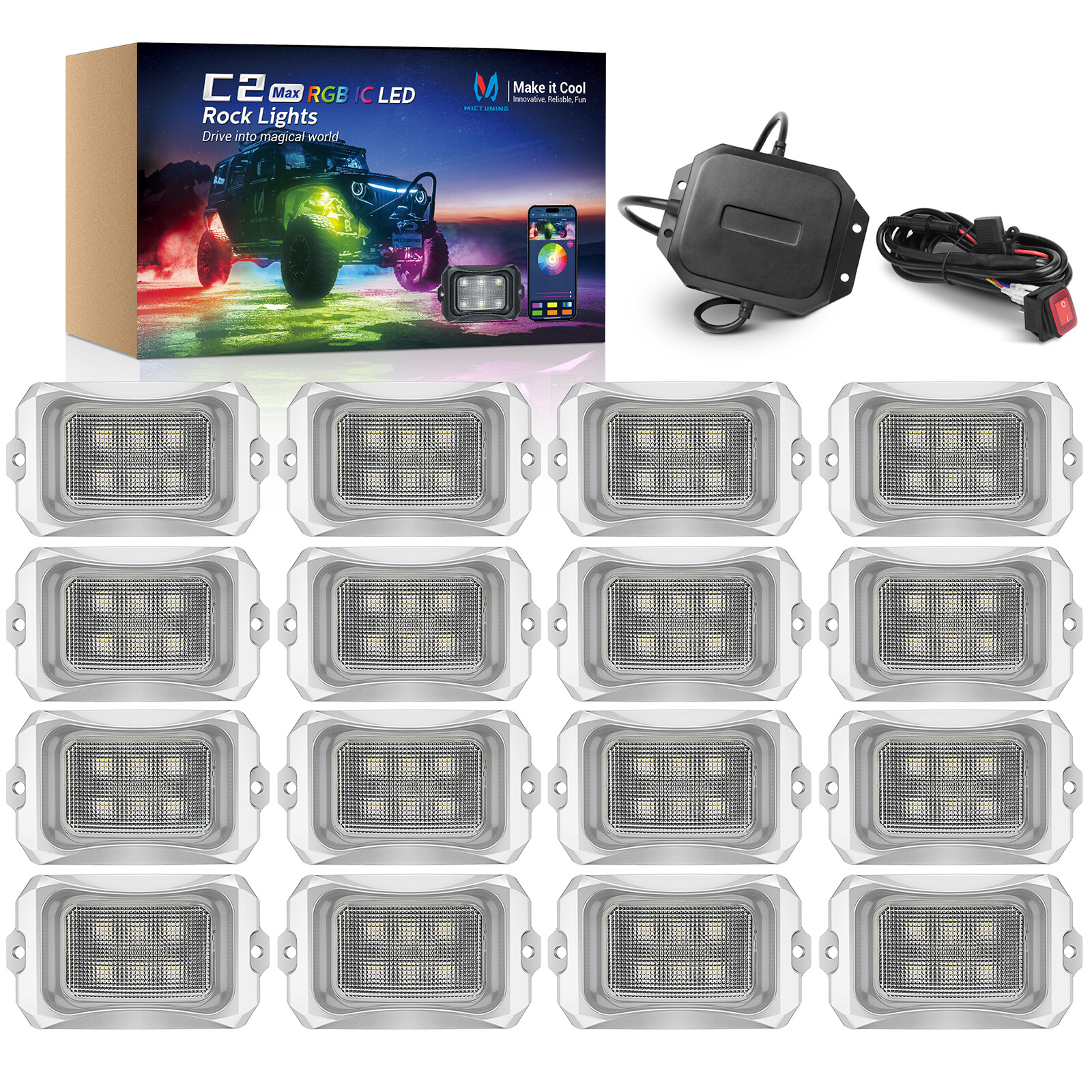 MICTUNING 16 Pods RGB-IC Dream Color Led Rock Lights, Underbody Underglow Lights
