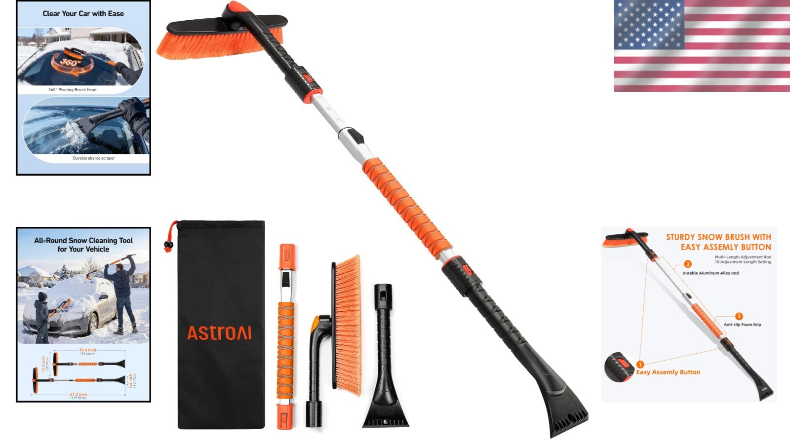Multi-Position 47.2” Ice Scraper & Snow Brush with Foam Grip for Winter Cars