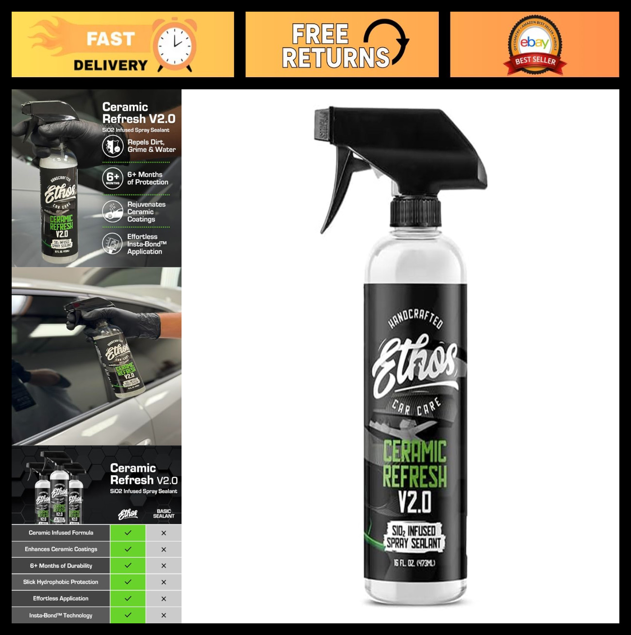 Ceramic Coating Spray & Sealant for Instant Gloss – 6+ Months Car Protection, Si