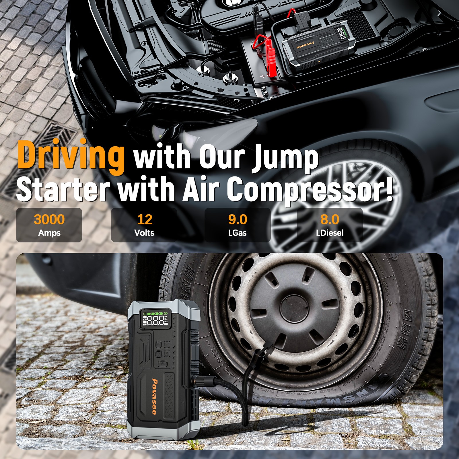 5000A Car Jump Starter with Air compressor Booster Jumper Power Bank Car Battery