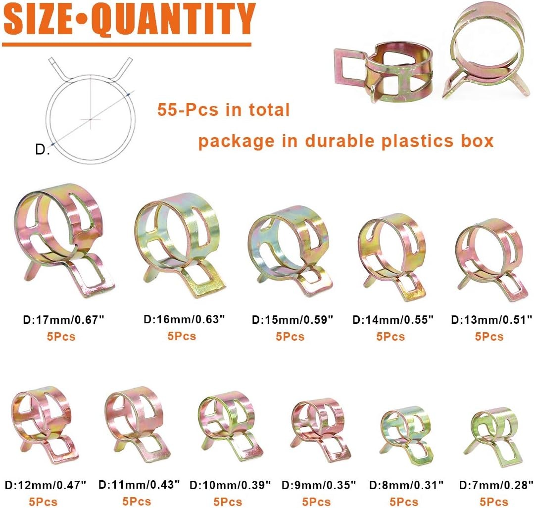 55Pcs Spring Band Type Fuel Line Silicone Vacuum Hose Pipe Clamp Low Pressure Ai