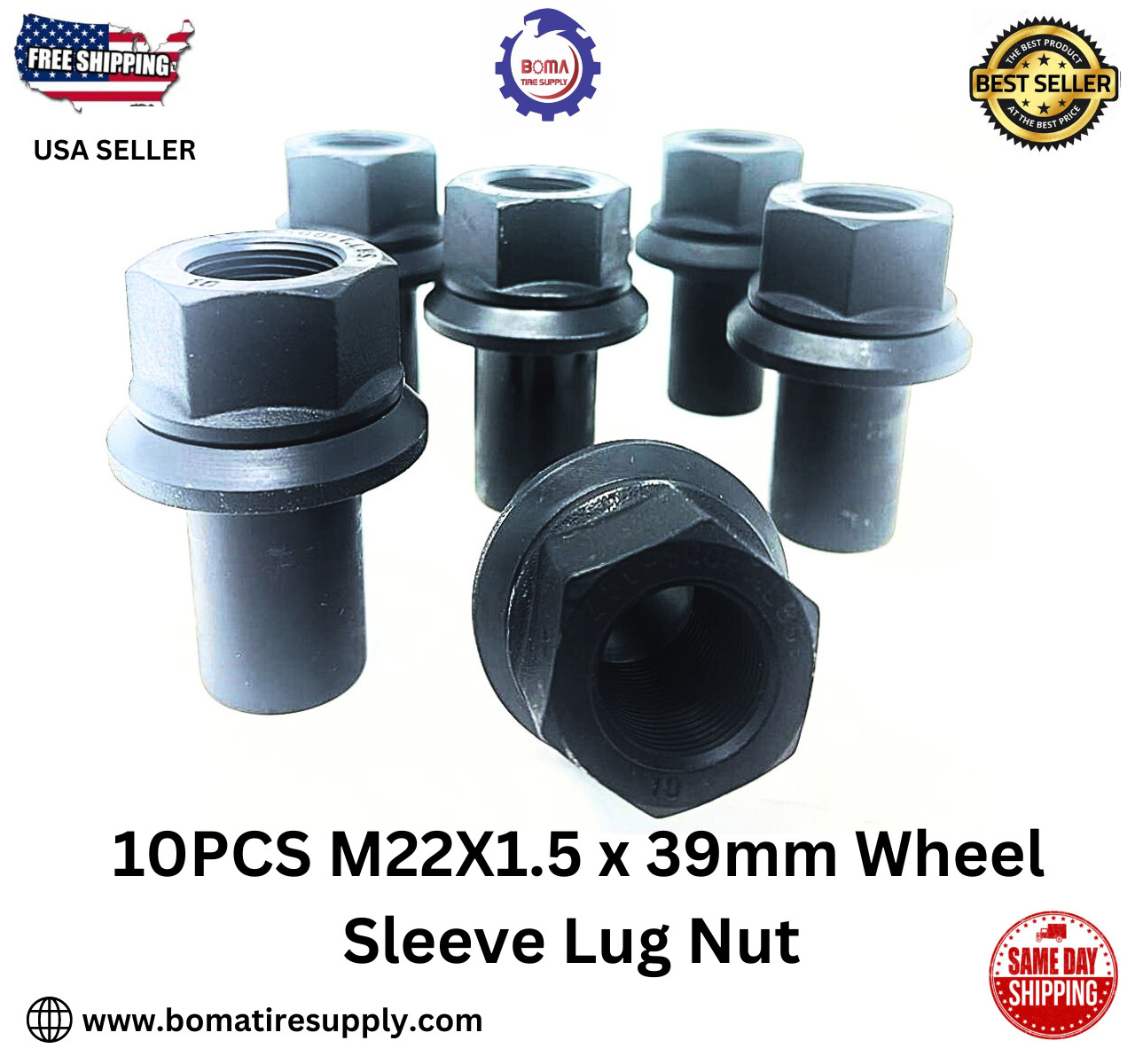 10 Pack 33mm M22-1.5 x 39mm Sleeve Wheel Lug Nut M22-1.5x39mm Skirt Flange