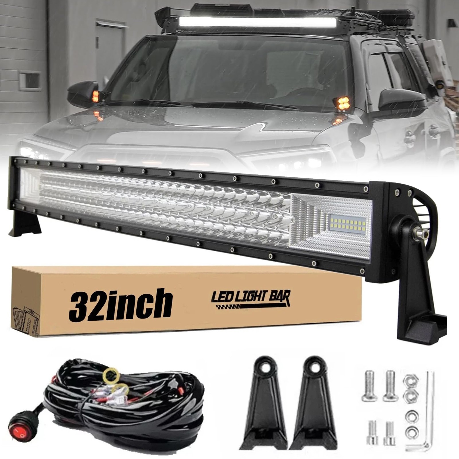 32Inch LED LIGHT BAR Tri Row Spot Flood Combo Truck Offroad 4WD ATV SUV Light US