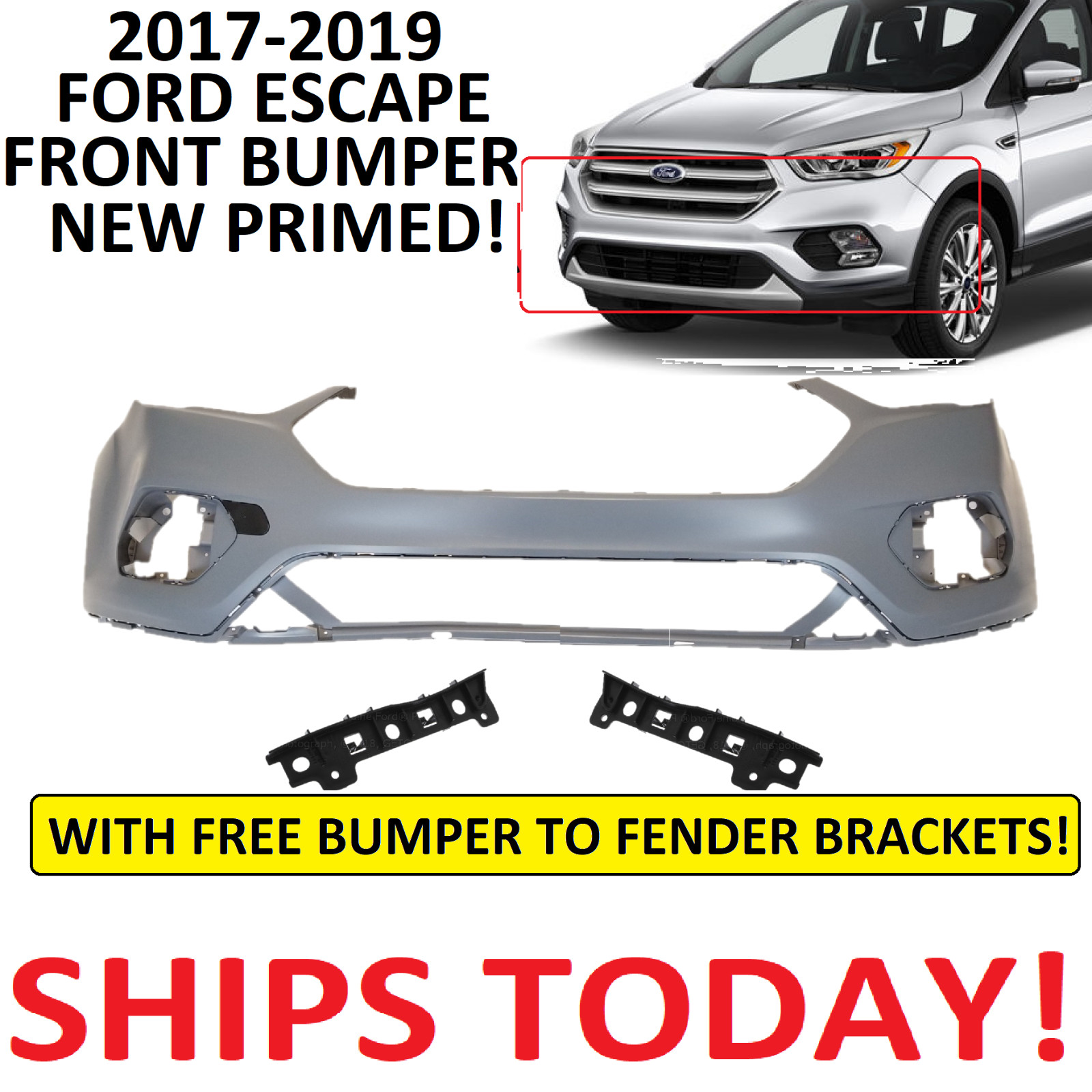 2017 2018 2019 FORD ESCAPE FRONT BUMPER COVER NEW PRIMED WITH BRACKETS