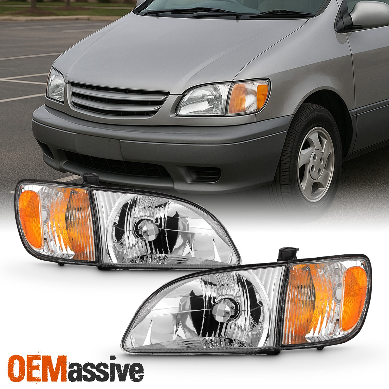For 2001-2003 Toyota Sienna Headlight w/ Corner Lamp Chrome Driver – Passenger