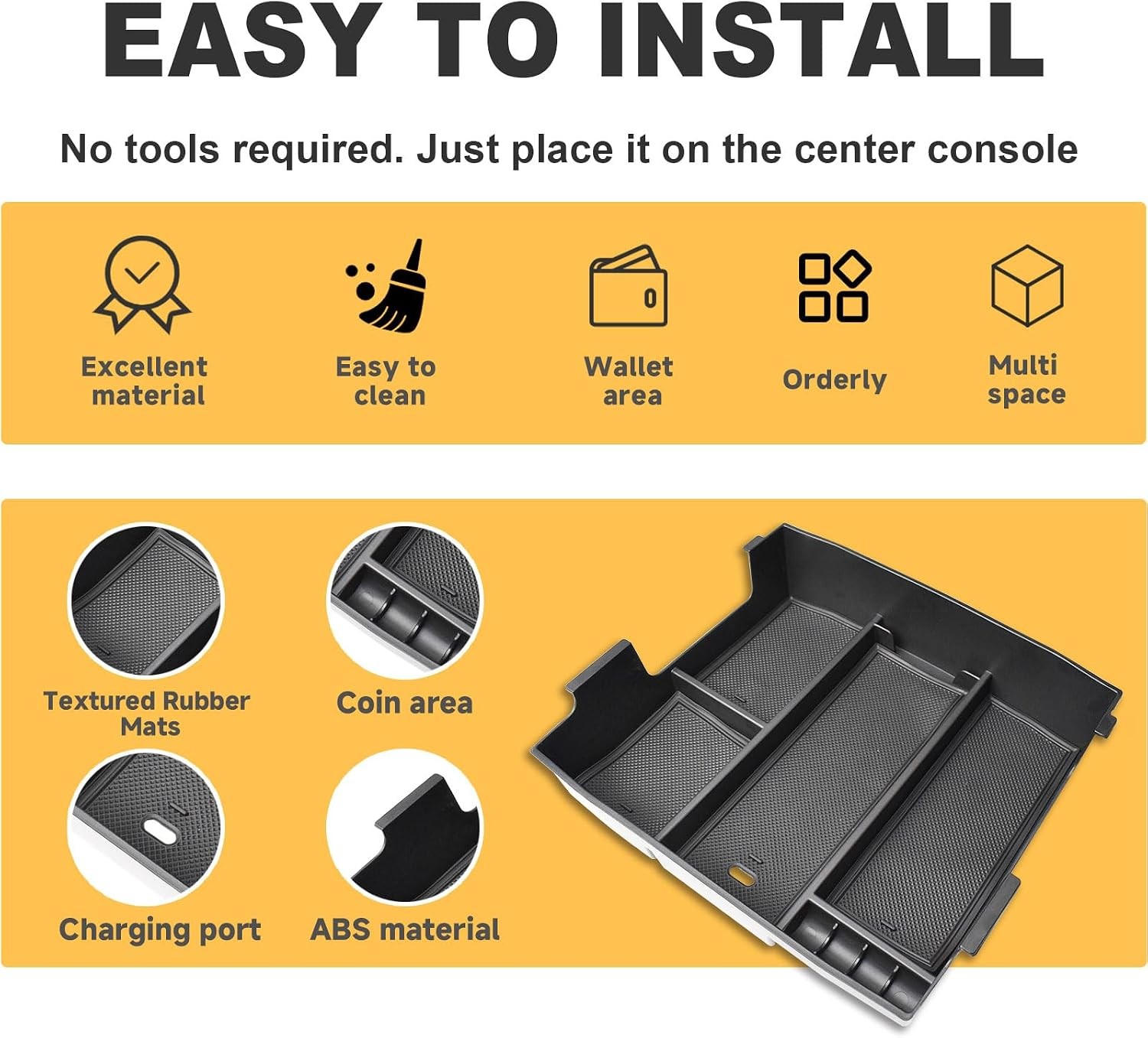 Black ABS Plastic Full Tray Organizer for Ford F250 F350 2023-2026 Center Consol