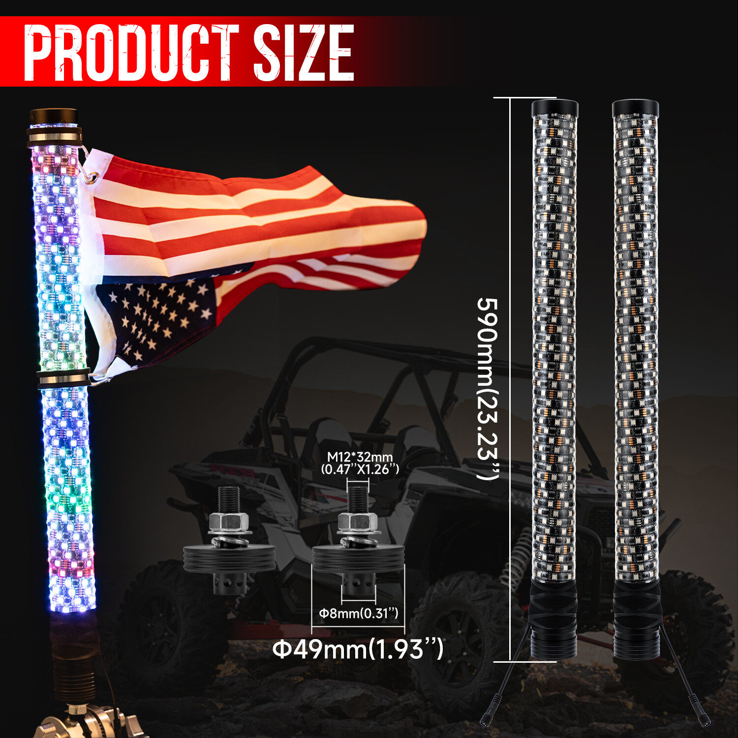 2PCS 2FT Thick Fat LED Whip Chasing RGB Light For Polaris RZR XP 1000 XP 4 1000