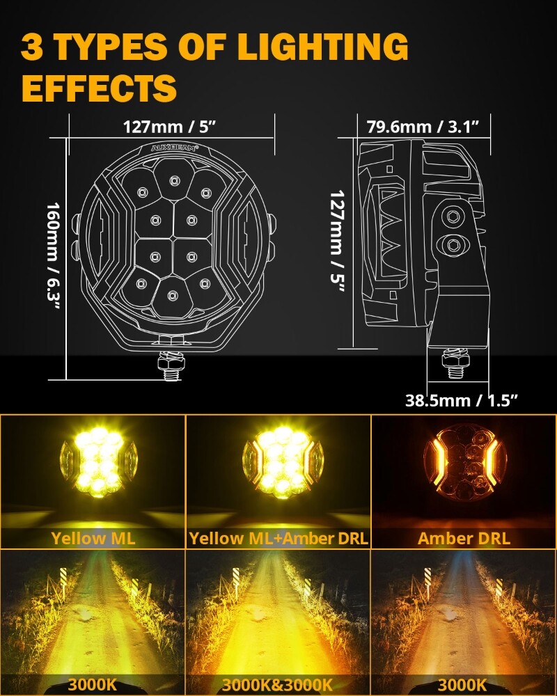 4Pcs AUXBEAM 5 Inch 172W LED Side Shooter Amber/White Pod Lights w/ Amber DRL